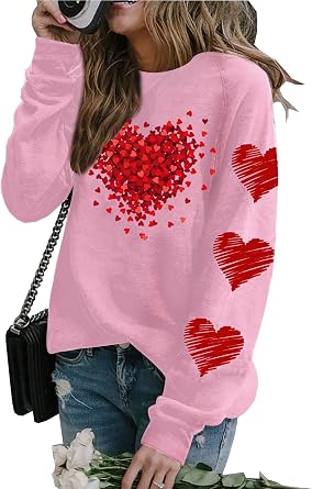 LLHXRUI Valentines Sweatshirt for Women Cute Heart Love Shirt Graphic Tees Raglan Long Sleeve Pullover Tops