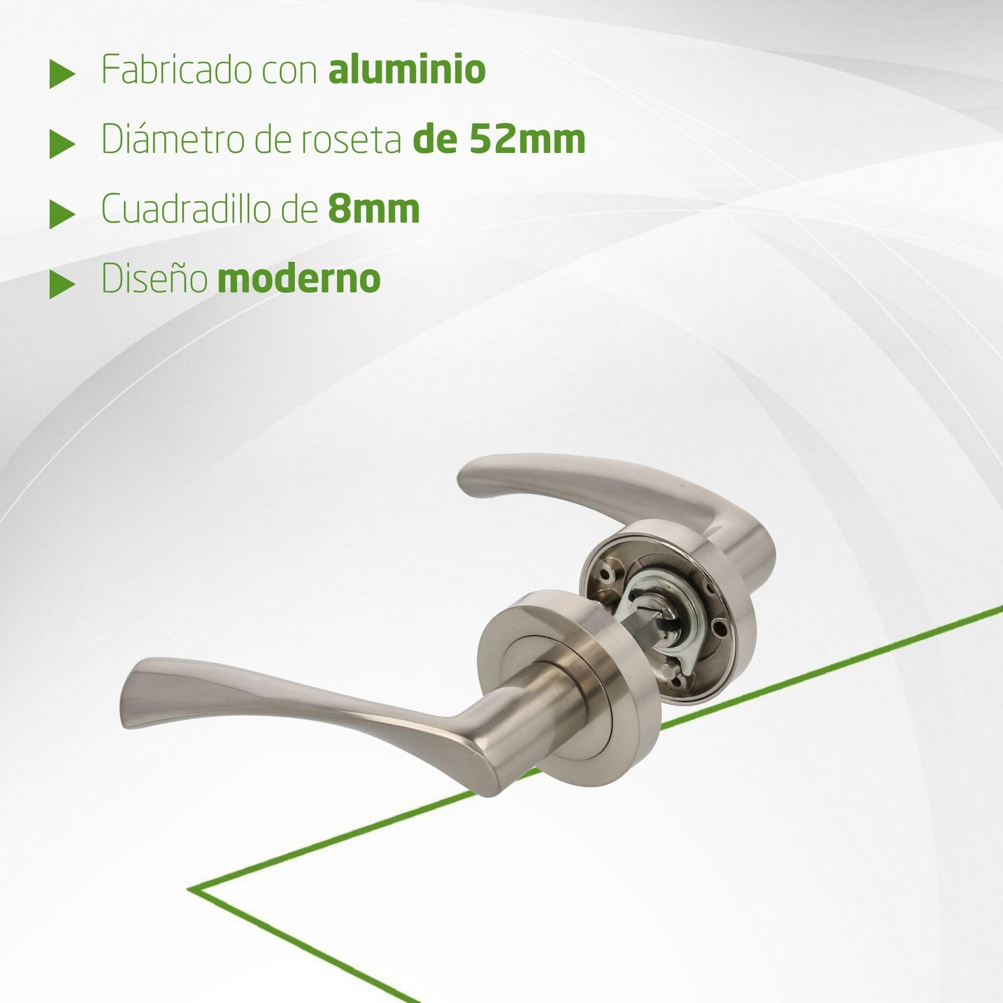 Amig - Pack de 4 Manillas con Roseta de Zamak para Puertas, Mod. ISHI RX, 52 mm, Cuadradillo de 8 mm, Diseño Elegante y Sencillo, Aluminio Níquel Cepillado