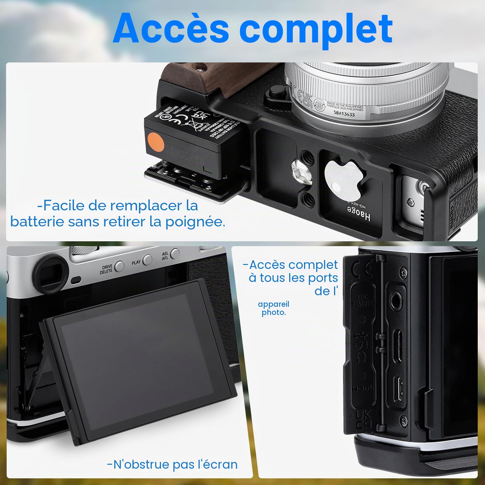 Haoge X-E5 HG-XE5-B Poignée en bois pour appareil photo Fujifilm XE5 Poignée en forme de L avec plaque de dégagement rapide Arca-Swiss System Trépied supplémentaire 1/4 trou Noir