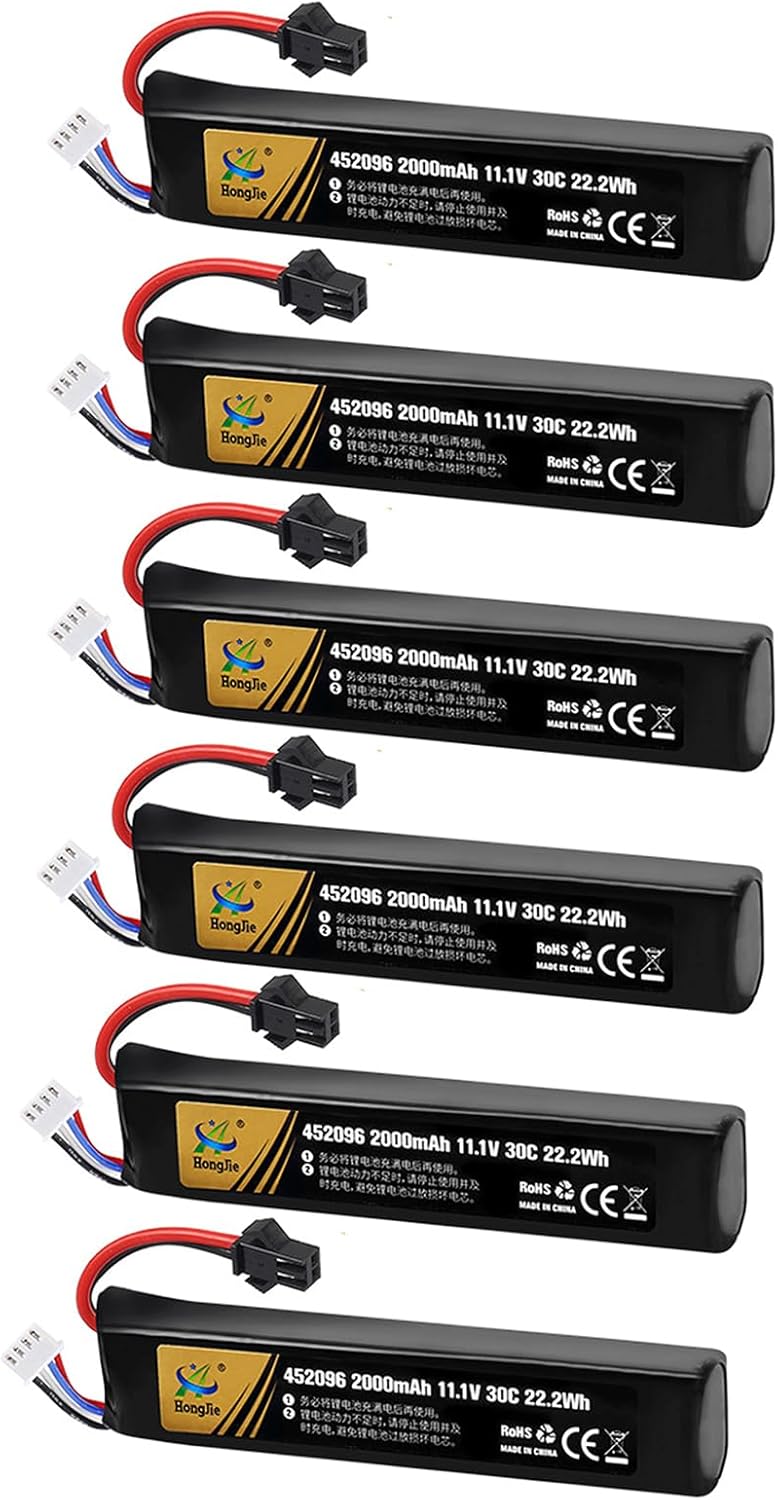 NOUCHU 6 Pack 452096 11.1V 2000mAh 30C Rechargeable Lithium Battery with Black Plug for Airsoft Gun