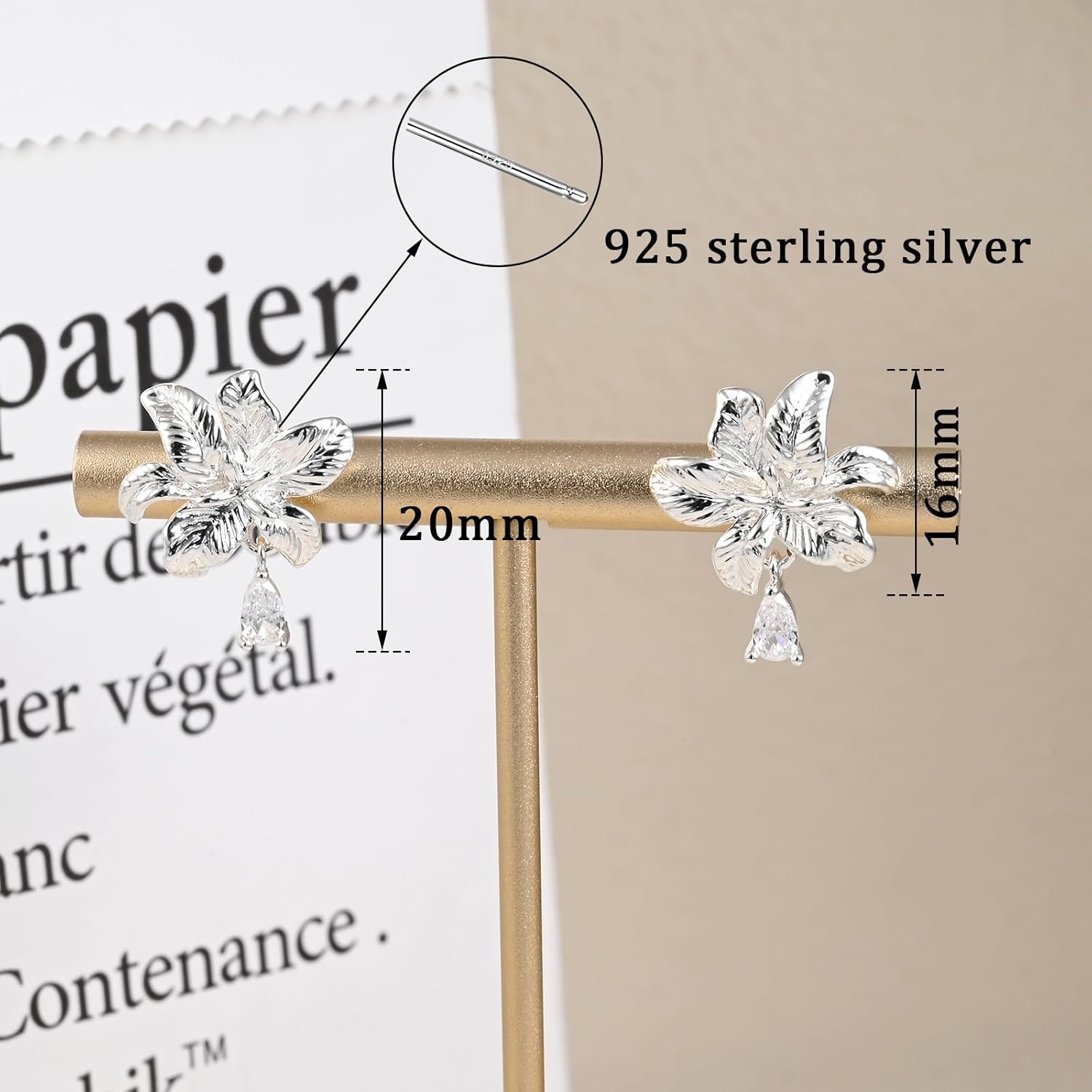 Large Silver Flower Stud Earrings for Women Orchid Earrings with Sparkly Teardrop Cubic Zirconia - Image 5