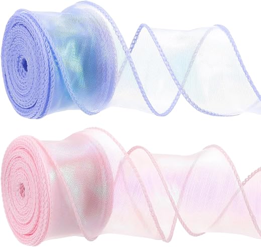 2pcs Organza Ribbon, Ribbon for Gift Wrapping, Wedding Decorations, DIY Crafts, Hair Accessories, Sakura Pink and Dreamy P...