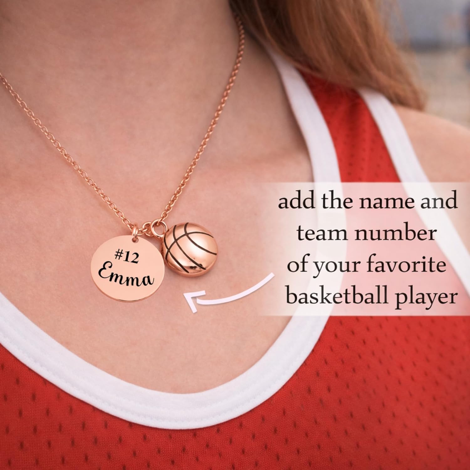Personalized Basketball Necklace with Name and Jersey Number, Rose Gold Charm Necklace, Custom Sports Jewelry Gift for Basketball Players, Teens and Women - Image 6