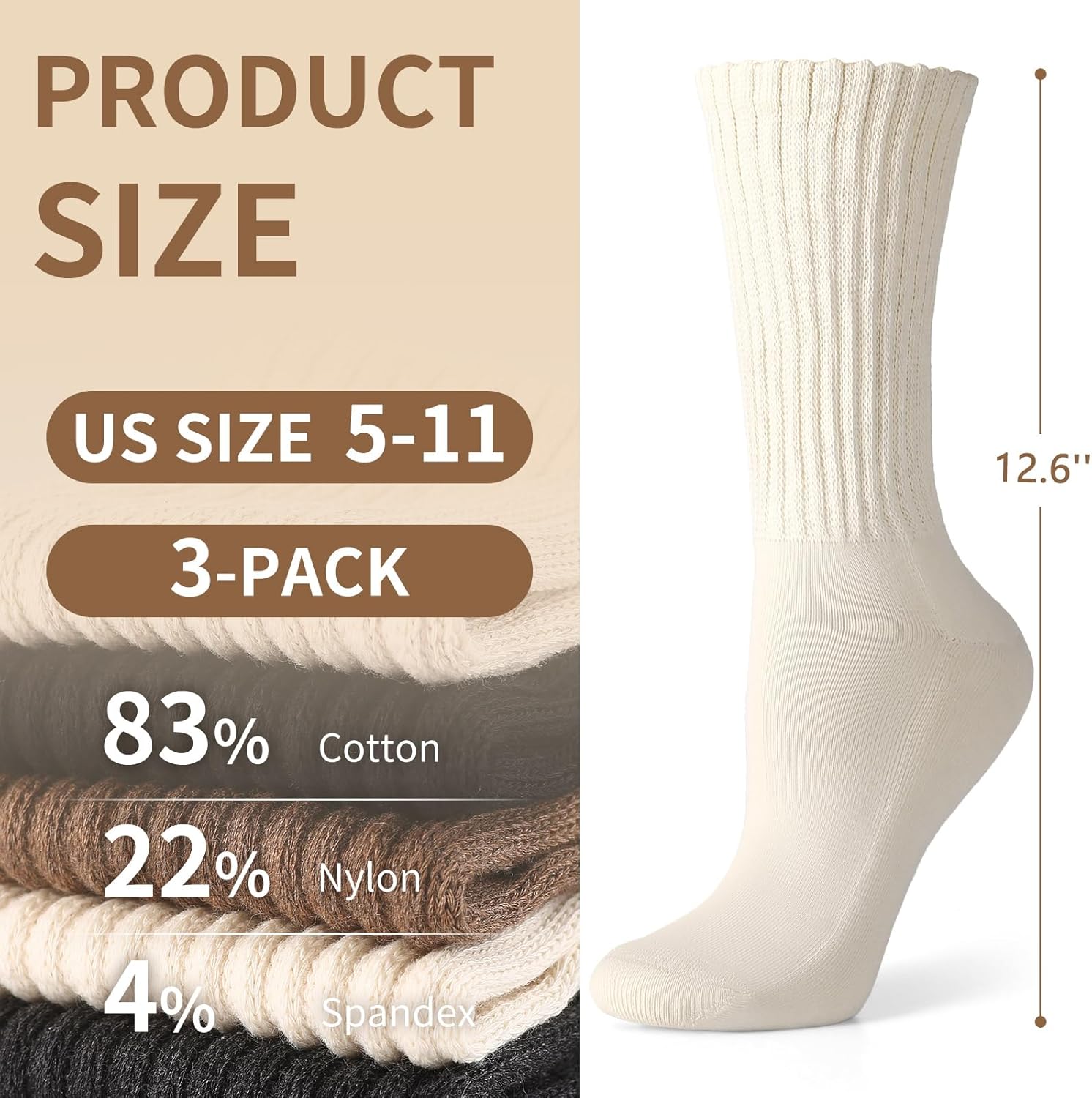 FGZ Womens Slouch Socks Cozy Retro Ribbed Cotton Knit Bootie Socks for Casual 3 Pairs,5-11 - Image 3