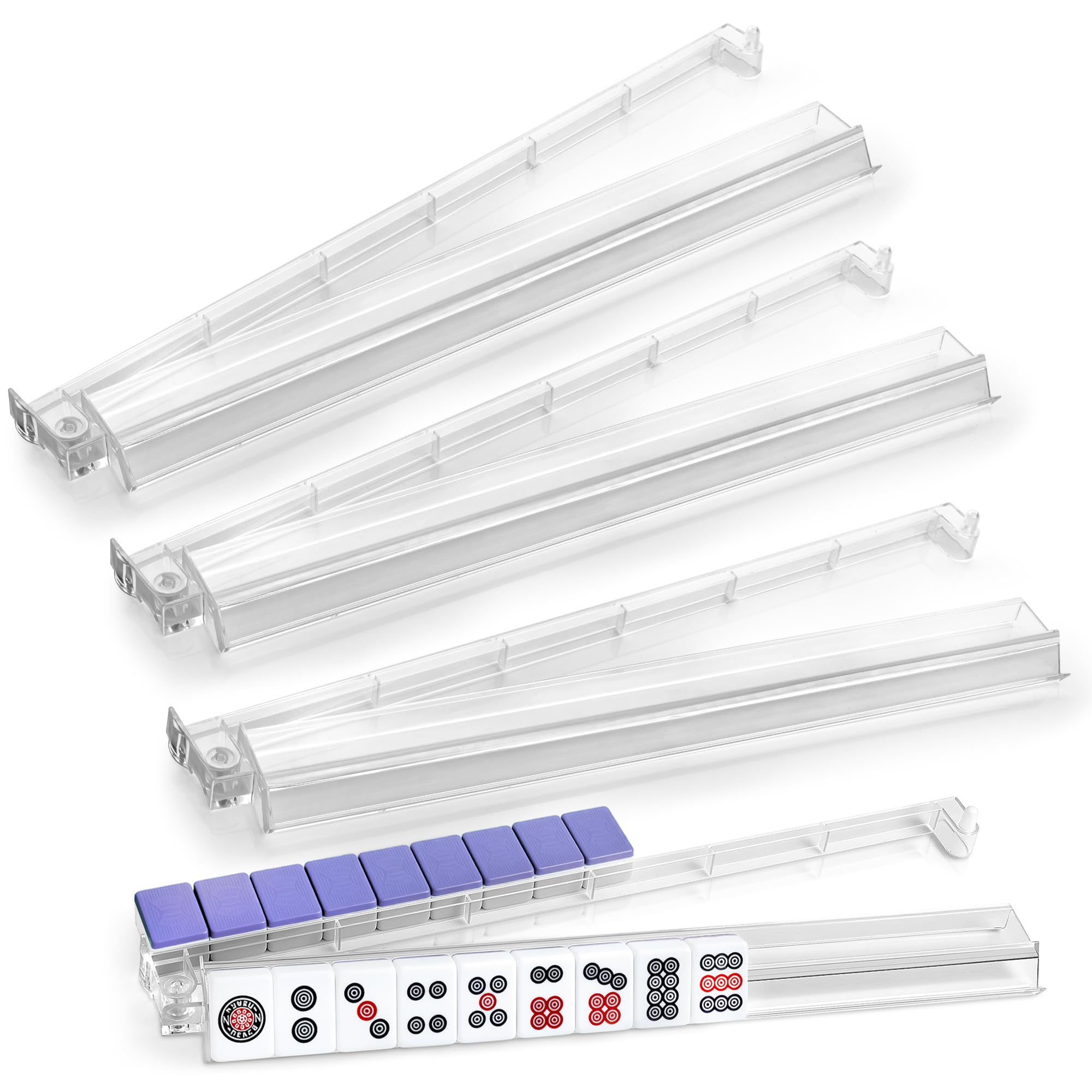 Mahjong Rack with Pushers, 4-Piece Premium Acrylic Mahjong Racks with Built-in Pushers & Rotating Bases - Crystal-Clear Set for Easy Play