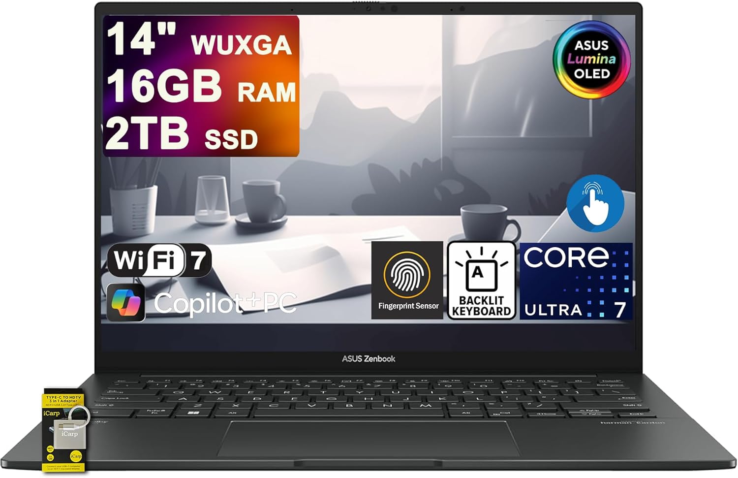 ASUS Zenbook 14 Laptop 14" WUXGA OLED Touch (500nits HDR, 100% DCI-P3) Intel 16-core Ultra 7 255H (Beats Ultra 9 185H) 16GB RAM 2TB SSD for Creator Business Professional Win11 ICP Hub