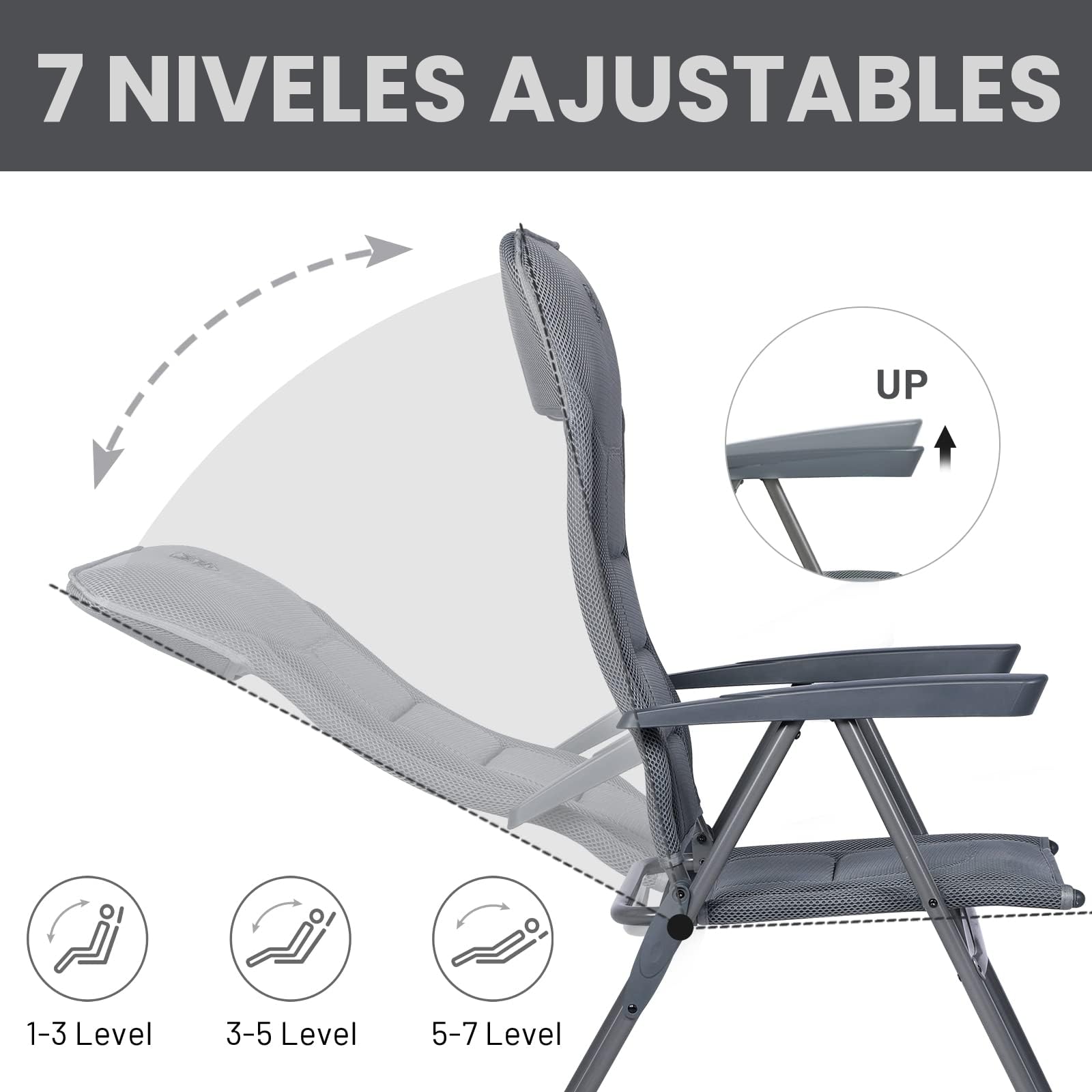 TIMBER RIDGE Silla de Jardín Plegable de Aluminio 150kg con Respaldo 7 Posiciones Alto Ajustable con Reposabrazos Reposacabezas Acolchado (2 Pcs, Gris)