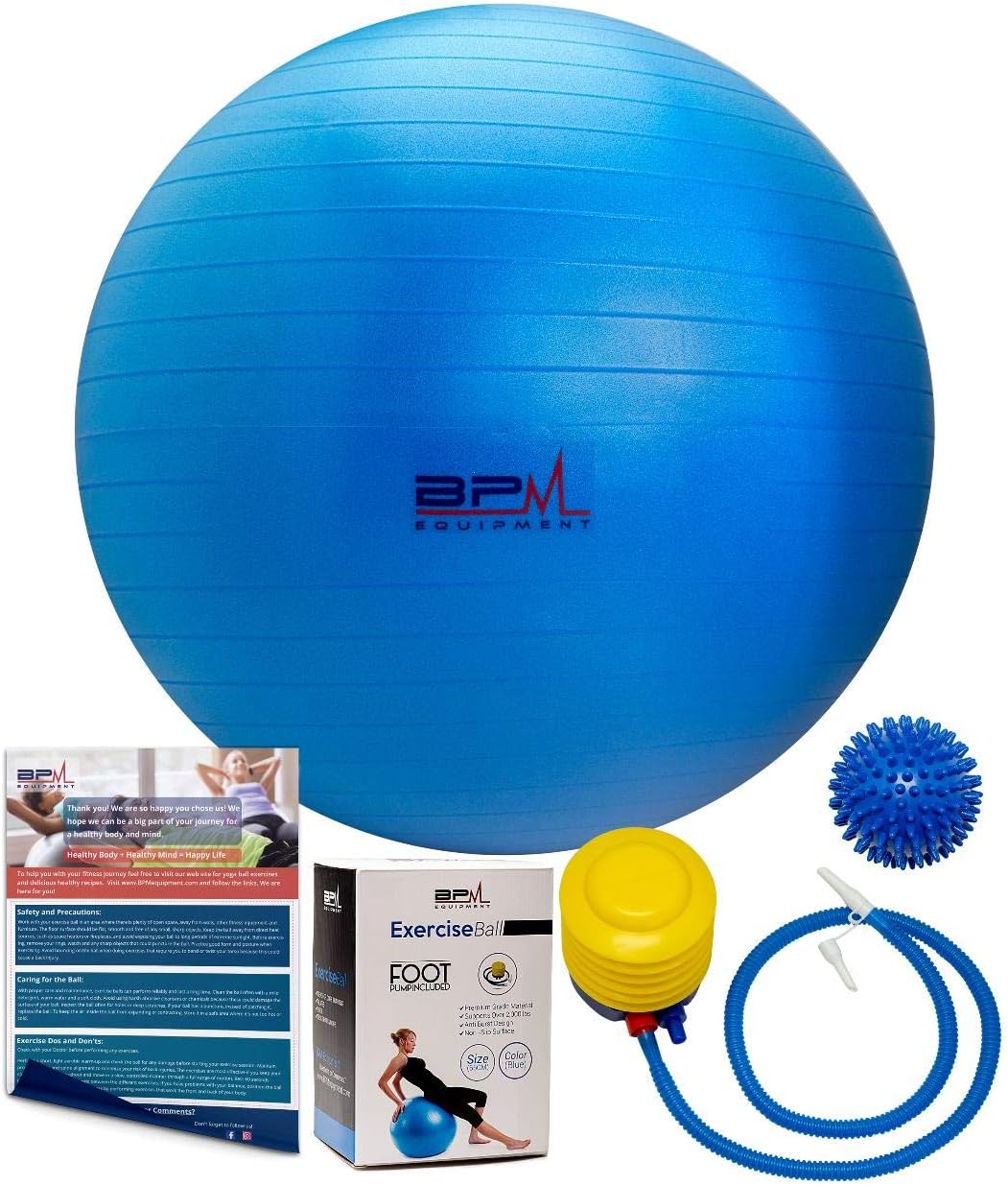 BPM Premium Exercise Ball with Pump, Bonus Massage Ball! Access to Workout Guide. Yoga Ball, Stability Ball, Heavy Duty Office Ball Chair. Anti-Burst & Extra Thick, Supports 2000lbs