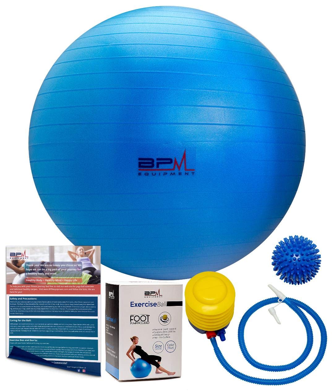 BPM Premium Exercise Ball with Pump, Bonus Massage Ball! Access to Workout Guide. Yoga Ball, Stability Ball, Heavy Duty Office Ball Chair. Anti-Burst & Extra Thick, Supports 2000lbs