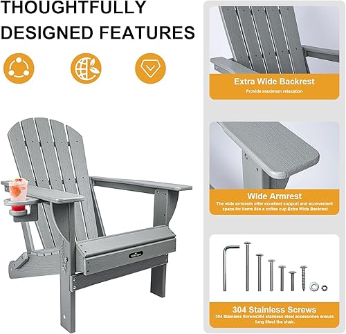 Miniatura 5 de Silla Adirondack plegable, silla plegable para todo tipo de clima con portavasos, silla Adirondack de polietileno de alta densidad para exteriores,