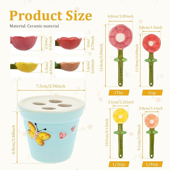 4Pcs Ceramic Measuring Spoon and Cup Flower Shape Baking Scale Spoon with Base Floral Embossed Stoneware Spoons(1 Tbsp, 1 TSP, ½ TSP, ¼ TSP) for Dry and Liquid Ingredient
