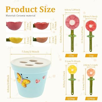4Pcs Ceramic Measuring Spoon and Cup Flower Shape Baking Scale Spoon with Base Floral Embossed Stoneware Spoons(1 Tbsp, 1 TSP, ½ TSP, ¼ TSP) for Dry and Liquid Ingredient