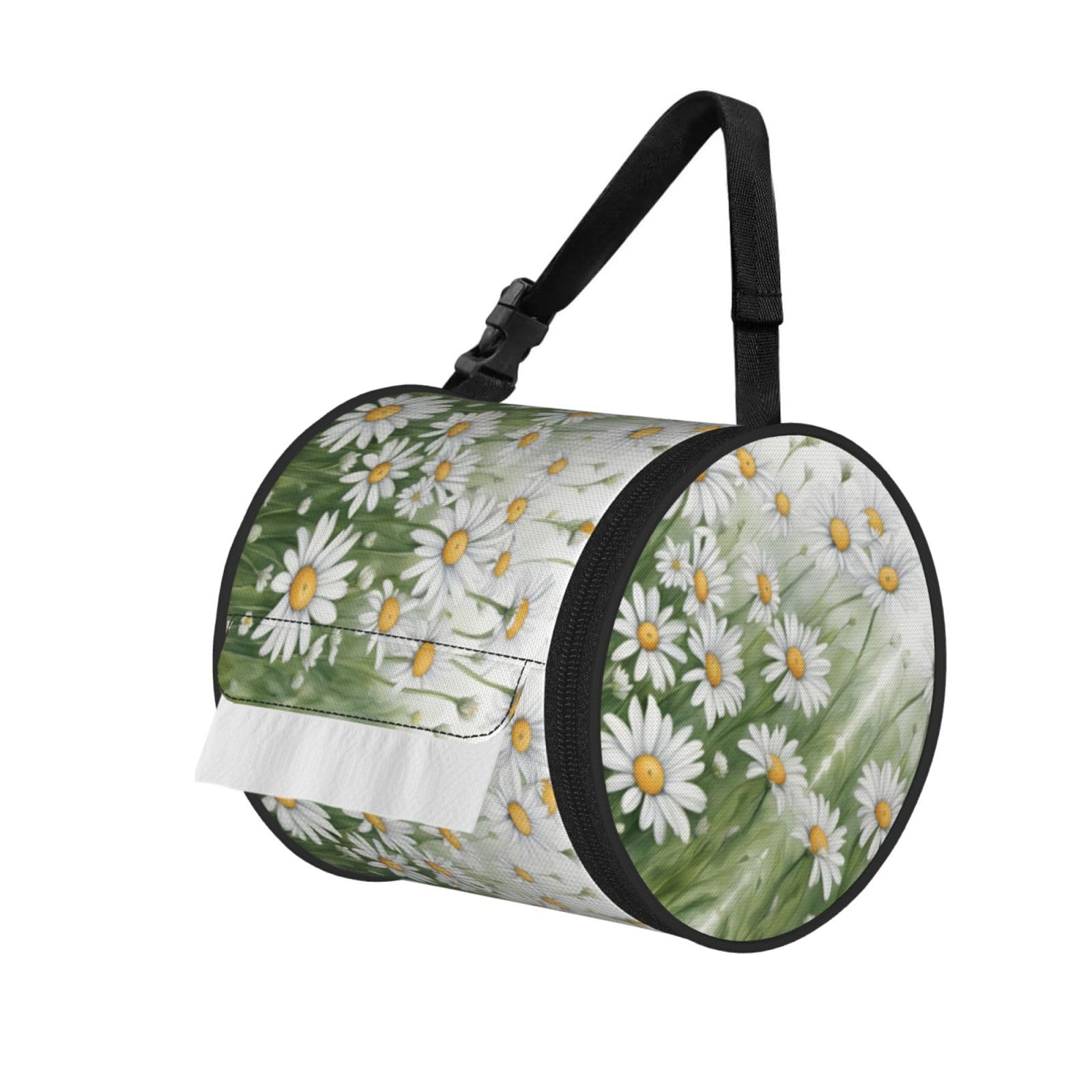 White Daisy Print Cylinder Bathroom Tissue Holder With Buckle Strap, Portable Paper Case For Road Trips