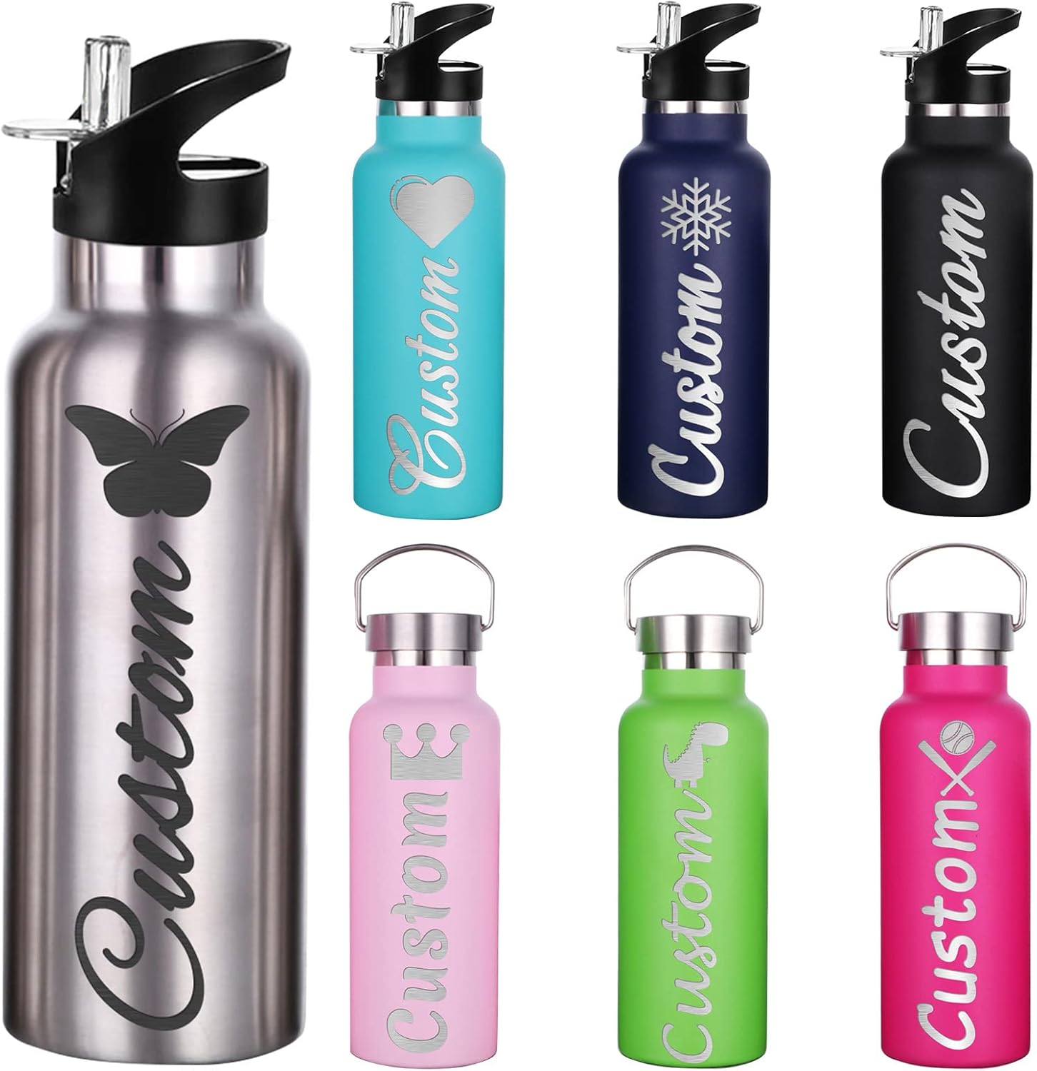 Custom Water Bottles, Personalised Sports Water Bottles with Straw Lid