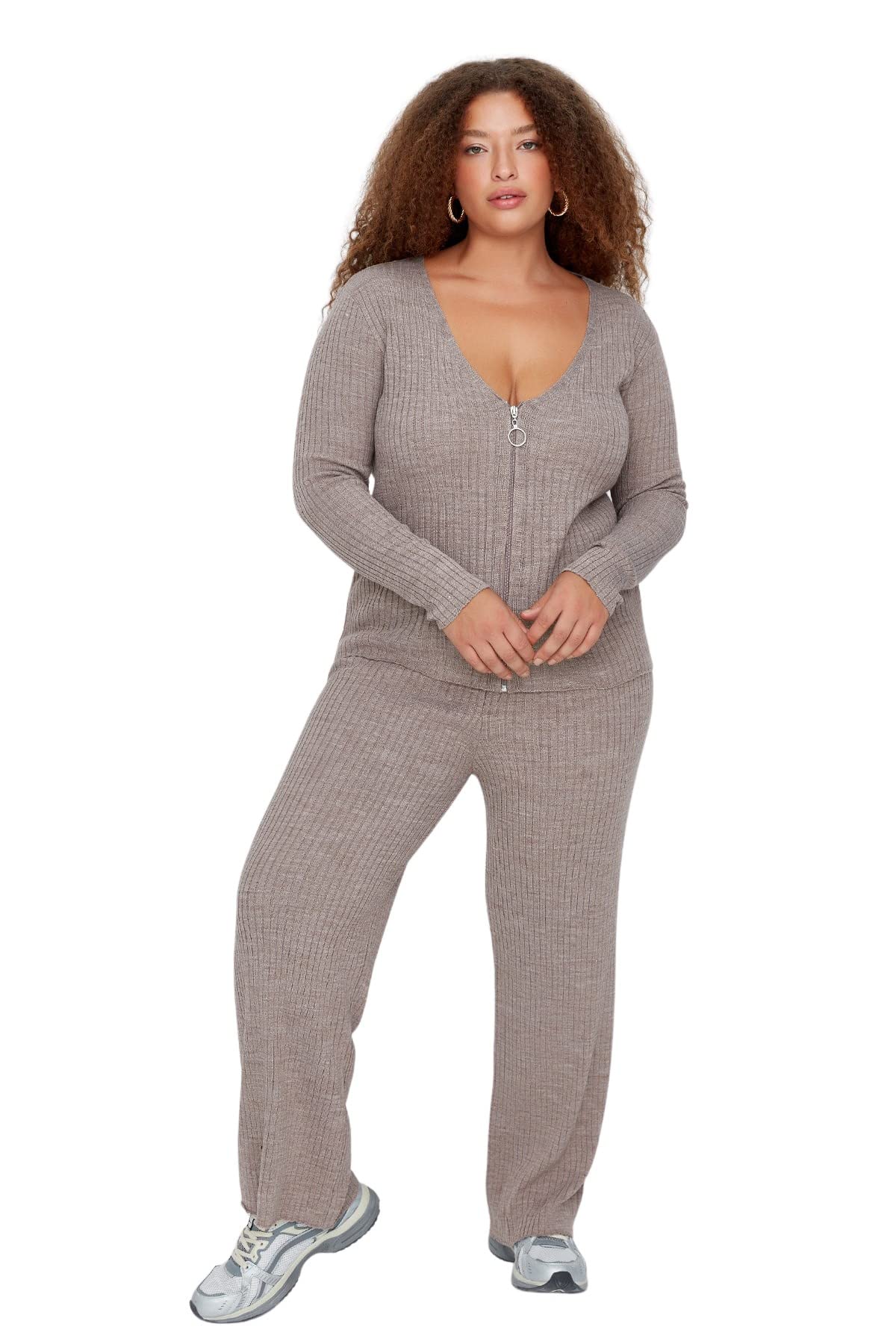 TrendyolWomen's Woman Plain Knitwear Plus Size Two-Piece Set Coordinated Outfit (Pack of 2)