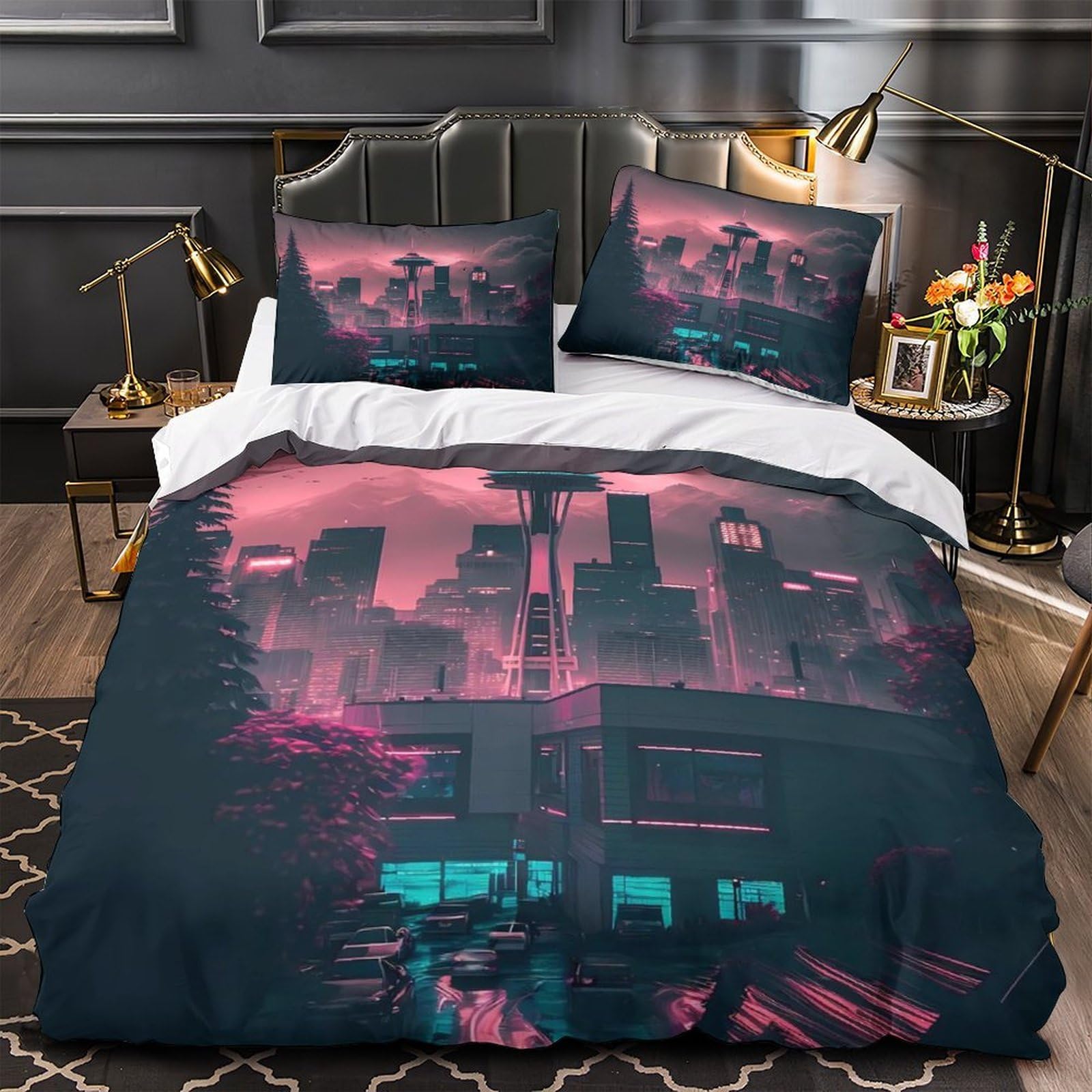 Parure de lit luxe horizon de la ville au néon 3D microfibre premium 260x220cm