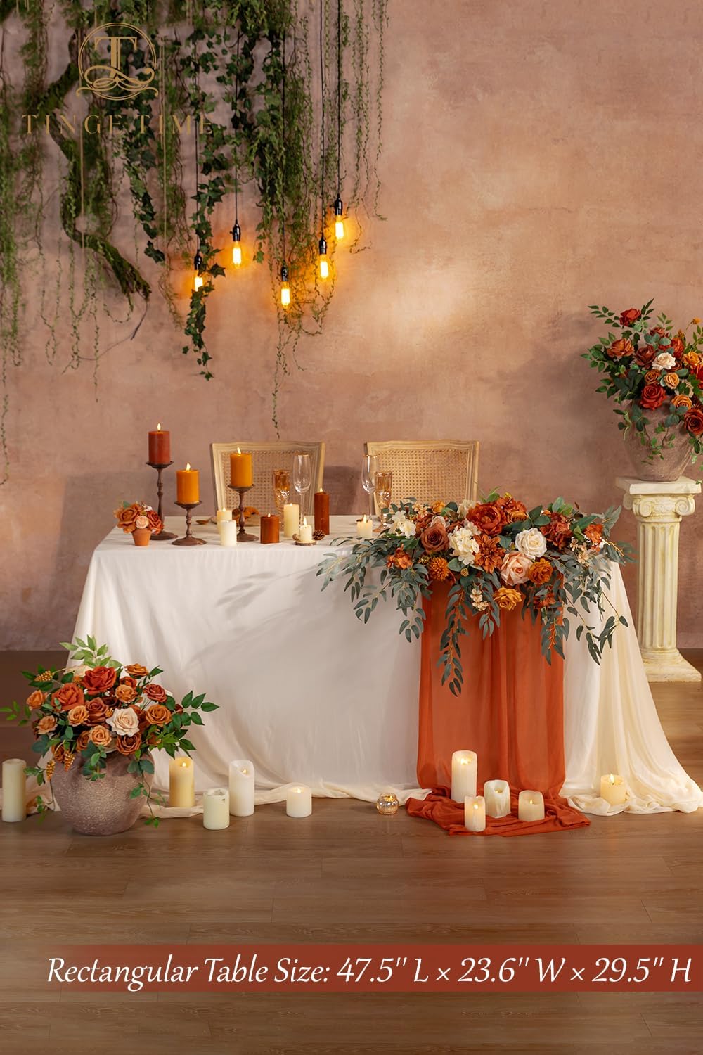 TINGE TIME Artificial Sweetheart Flower Swag with Tablecloth and Table Runner, Pack of 3 Floral Arrangement for Autumn Wedding Sweetheart Table Centerpiece Fall Decoration (Terracotta)