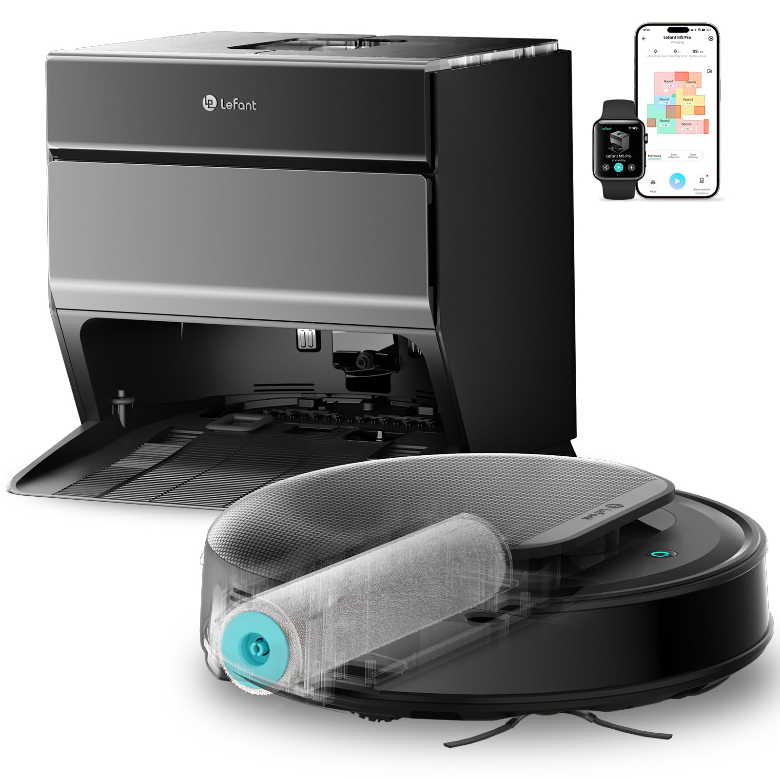 LEFANT M5 Pro Robot Aspirapolvere Lavapavimenti con Rullo, Aspirazione 18.000 Pa, Lavaggio Acqua Pulita, Autopulizia 75 ℃, Navigazione Laser dToF, Auto Svuotamento 120 Giorni, Tappeti, App Alexa