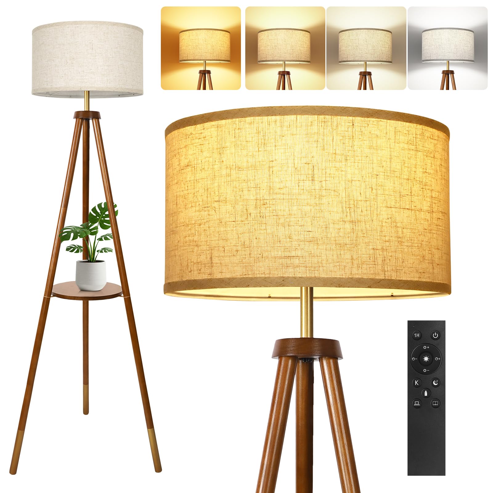 OUTON Solid Wooden Tripod Floor Lamp, Bulb Included, Standing Lamp with Remote Control, Dimmable & 4 Color Temperatures, 1H Timer, Floor Lamp with Storage Shelf for Living Room, Walnut and Gold — image 1