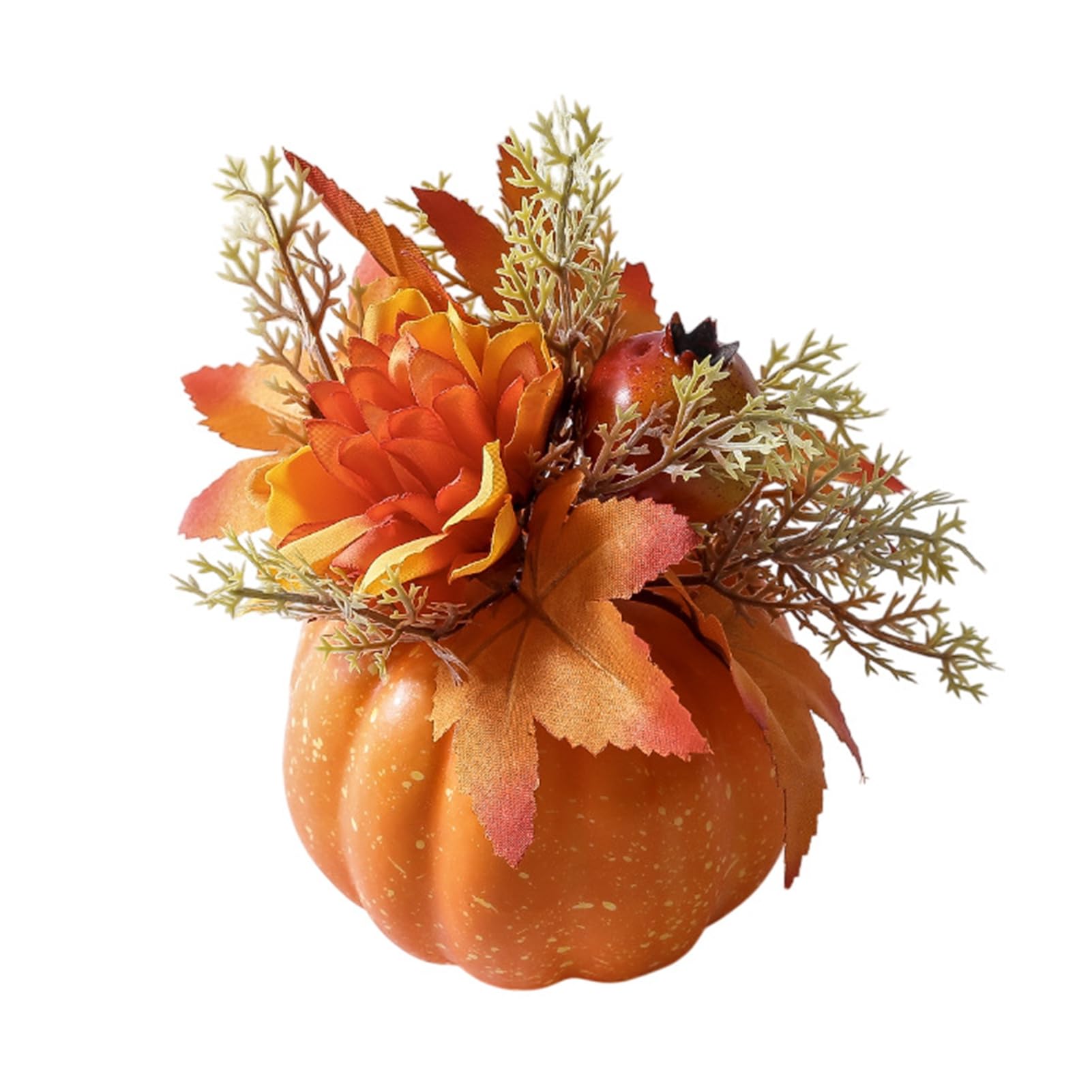 Pasisuu Fall Pumpkin Table Ornament, Artificial Foam Pumpkin with Flower, Maple Leaves, Berry for Autumn Harvest Thanksgiving Halloween Fireplace Table Centerpiece 1