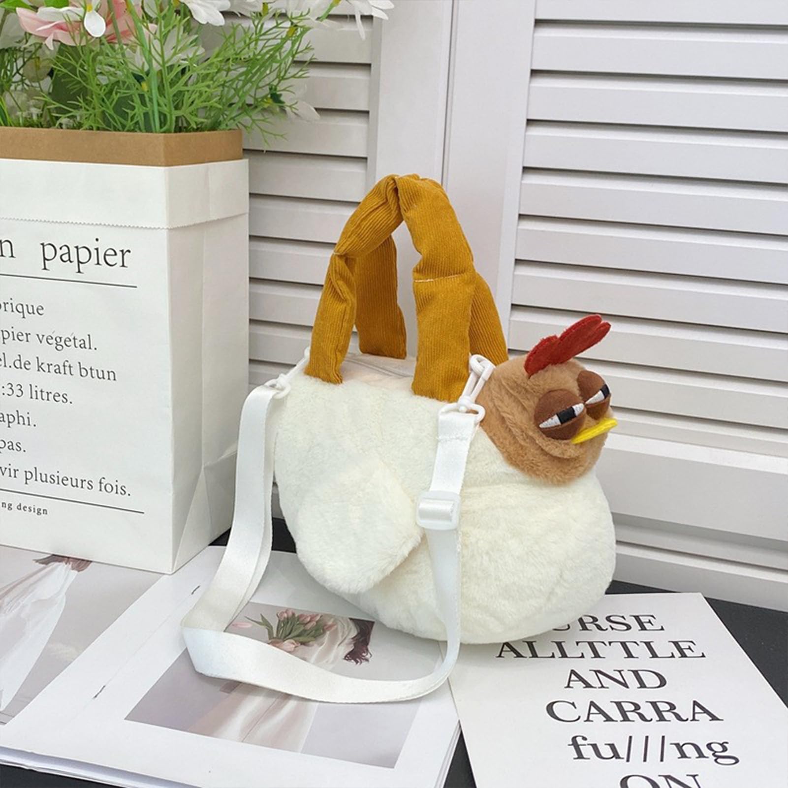 MISNODE Chicken Handbag, Funny Animal Bag, Chicken Purse, Rooster Shoulder Strap Fuzzy Cute Mini Makeup Pouch, Novelty Plush Hen Bag, White, Small (17cm H x 26cm W x 12cm T), Women, Girls