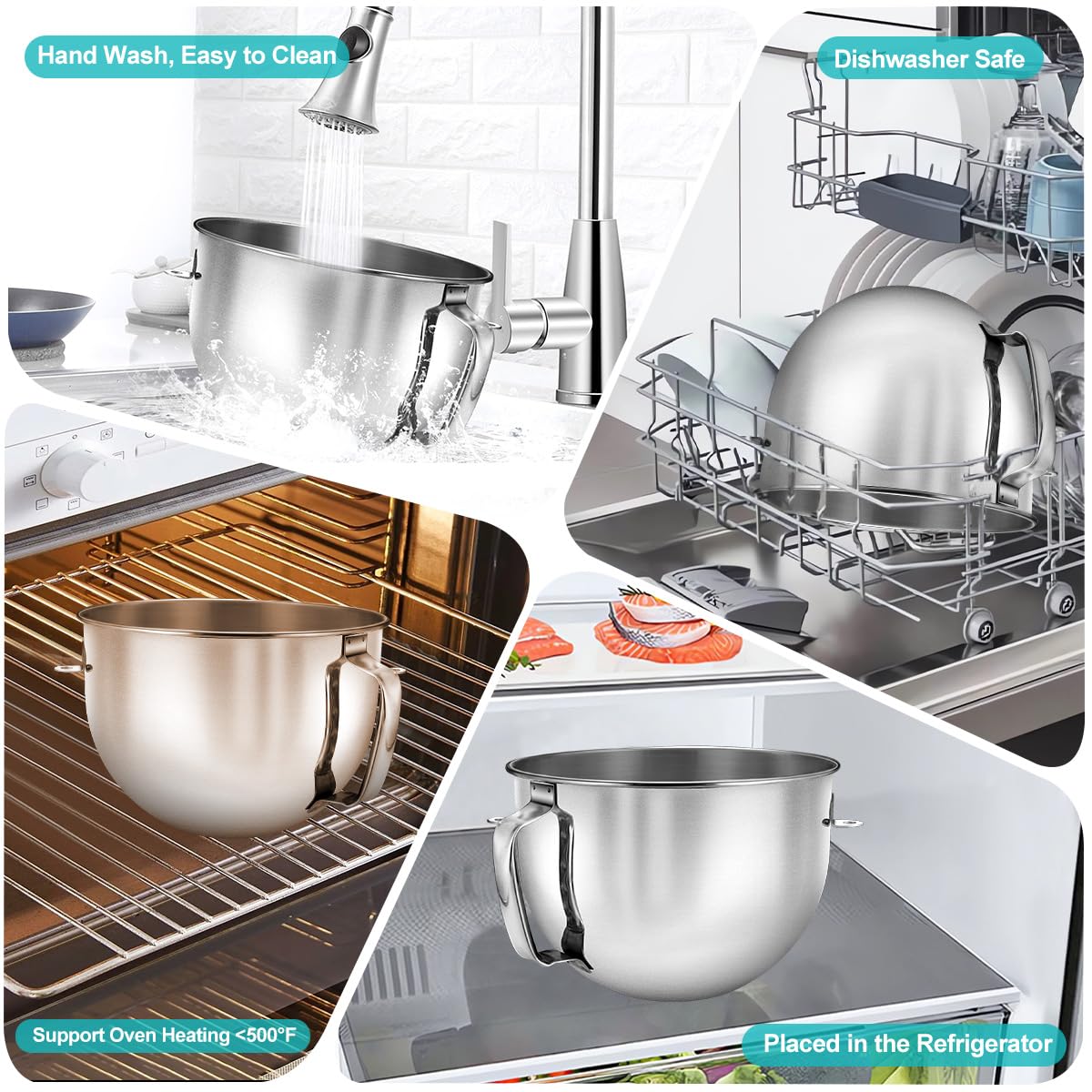 6QT Edelstahlschüssel und Deckel für KitchenAid Lift Standmixer, passend für KP26 | KV25 KB26,18/8 Edelstahl, spülmaschinenfest, ergonomischer Griff, strapazierfähig.