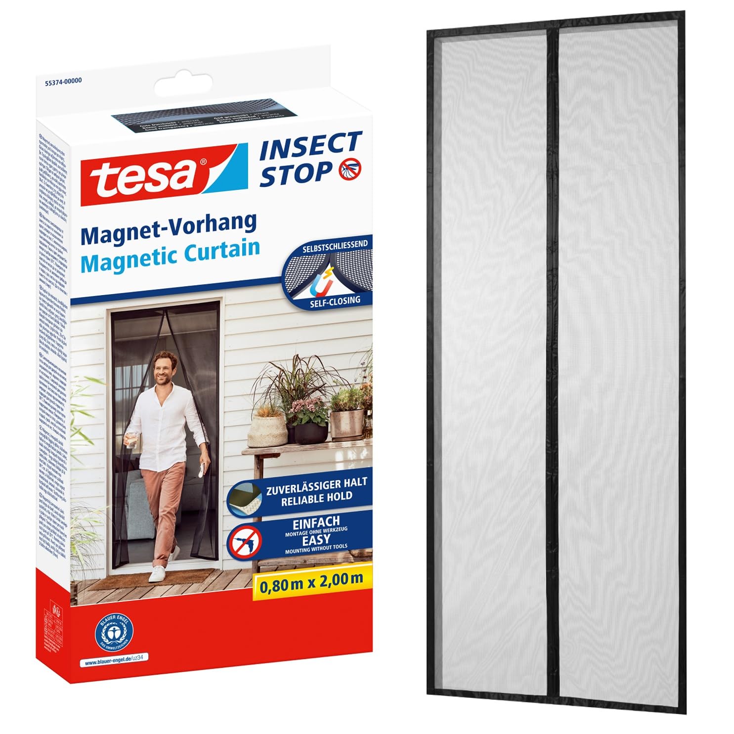 tesa Insect Stop - Self-Closing Magnetic Mosquito Net - Insect Protection Screen for Balcony and Patio Doors - Easy Installation Without Drilling -2.0 m x 0.8 m