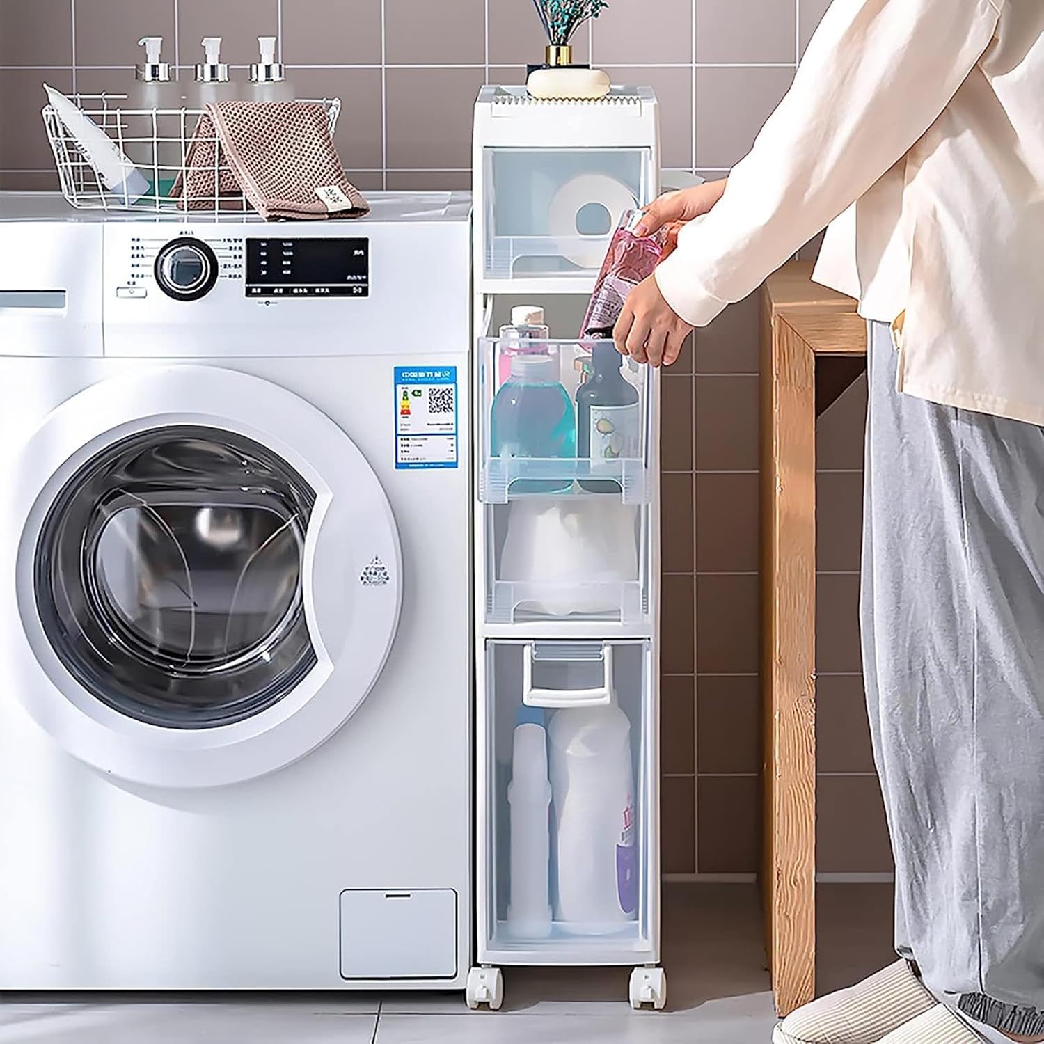 XENITE 16cm Narrow Slim Bathroom Floor Cabinet, Skinny Toilet Paper Storage Cabinet with 4 Plastic Drawers and Casters Large Capacity Vertical Storage Unit for Bathroom, Small Spaces, Gaps