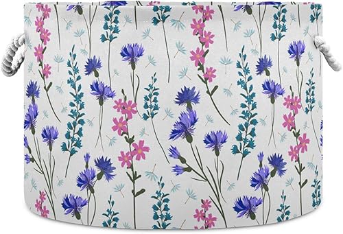 Field Purple Flowers Leaves Herbals storage basket foldable and waterproof storage box circle with sturdy handle cubbies rope Decorar for laundry
