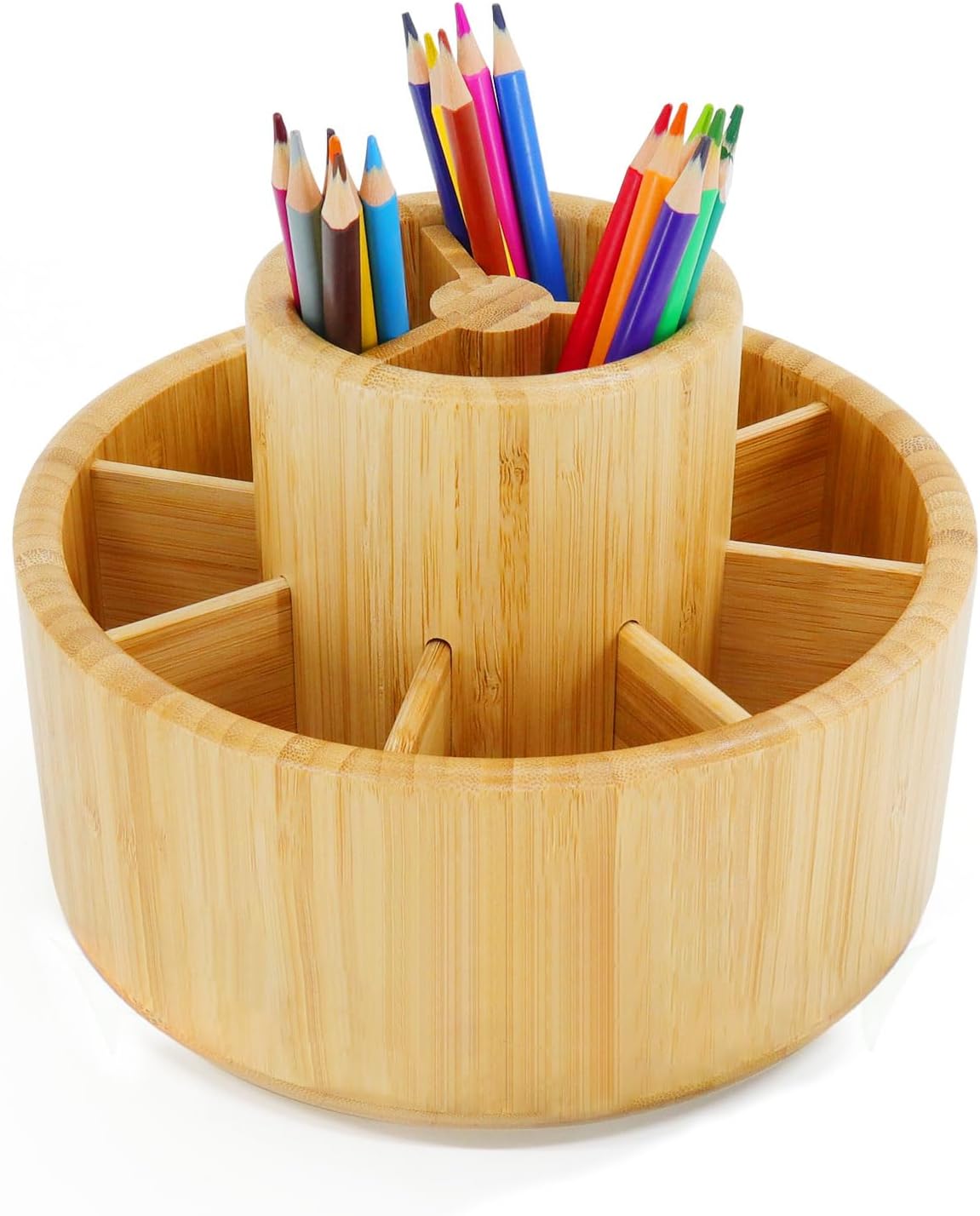 Bamboo Rotating Pencil Holder, School Desk Art Supplies Organiser, Wooden Large Capacity Stationery Holder for crayons, paintbrushes, 360 degree rotatable pen organisation