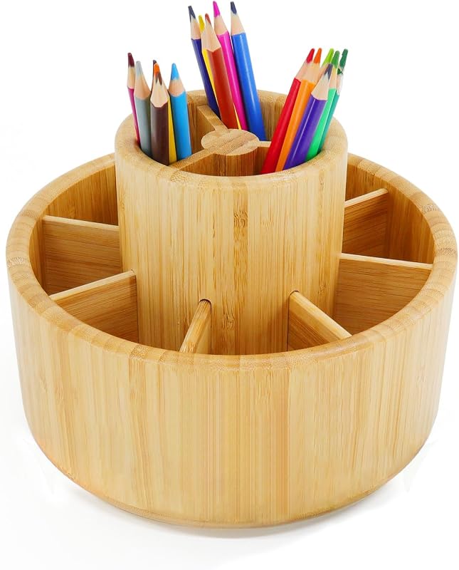 Utoplike Bamboo Rotating Art Supply Desk Organizer, Pencil Holder Desktop | Desktop Storage Caddy for Pen, Colored Pencil, Crayon, Paint Brushes, Art Studio & Office