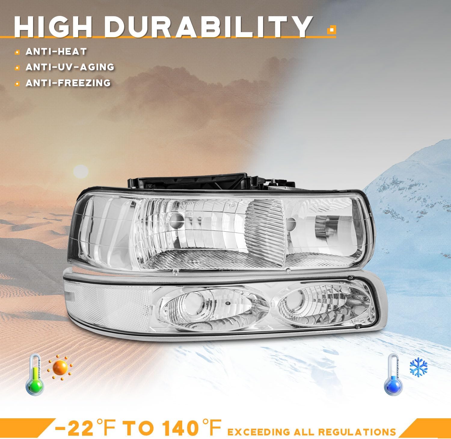 WEELMOTO Headlights Assembly for 99-02 Chevy Silverado 1500 2500, for 2001-2002 Silverado 1500HD 2500HD 3500HD, for 2000-2006 Tahoe Suburban 1500 2500 Chrom Housing Clear Reflector L+R 4PCS