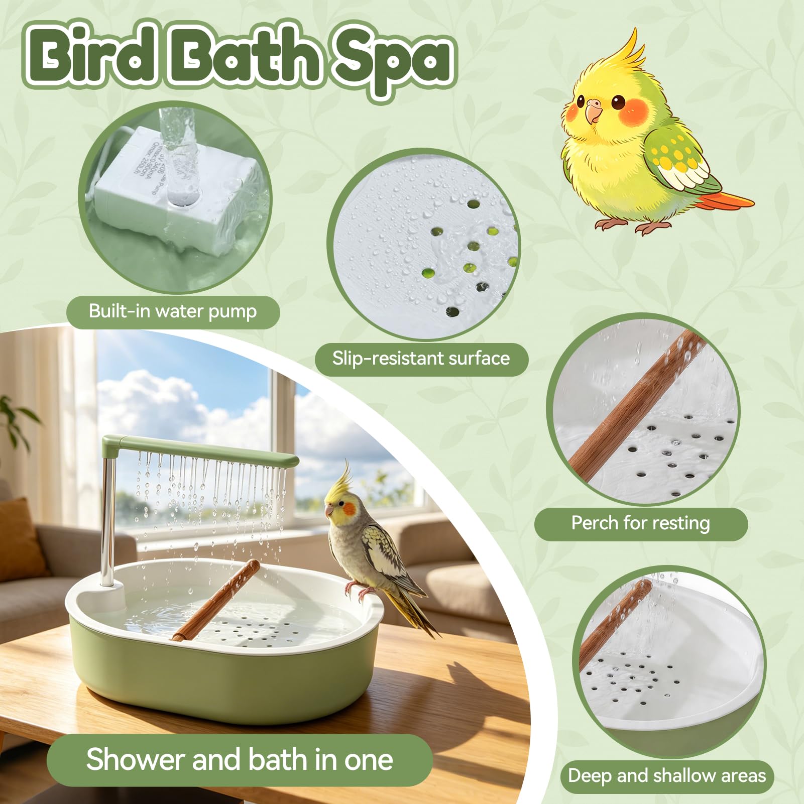 Vogeldusche Wellensittich, Vogel Badewanne mit Dusche, USB-betriebenes Vogelbad mit Wasserzirkulation, Vogel Badehaus mit Sitzstange, Rutschfester Boden, für kleine Vögel und Wellensittiche