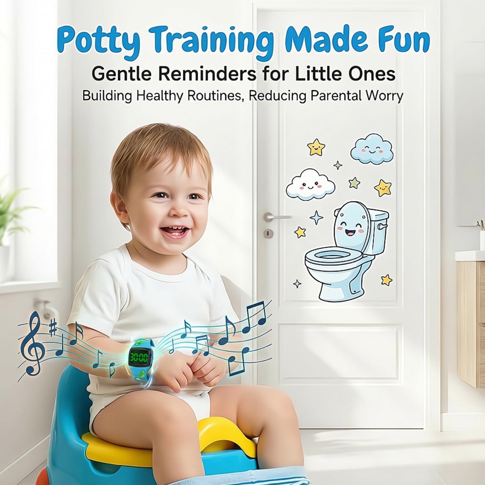 SKYROKU Reloj de silicona para niños con temporizador de entrenamiento para ir al baño con luces intermitentes y tonos musicales, ayuda para entrenamiento de inodoro para niños pequeños, resistente al
