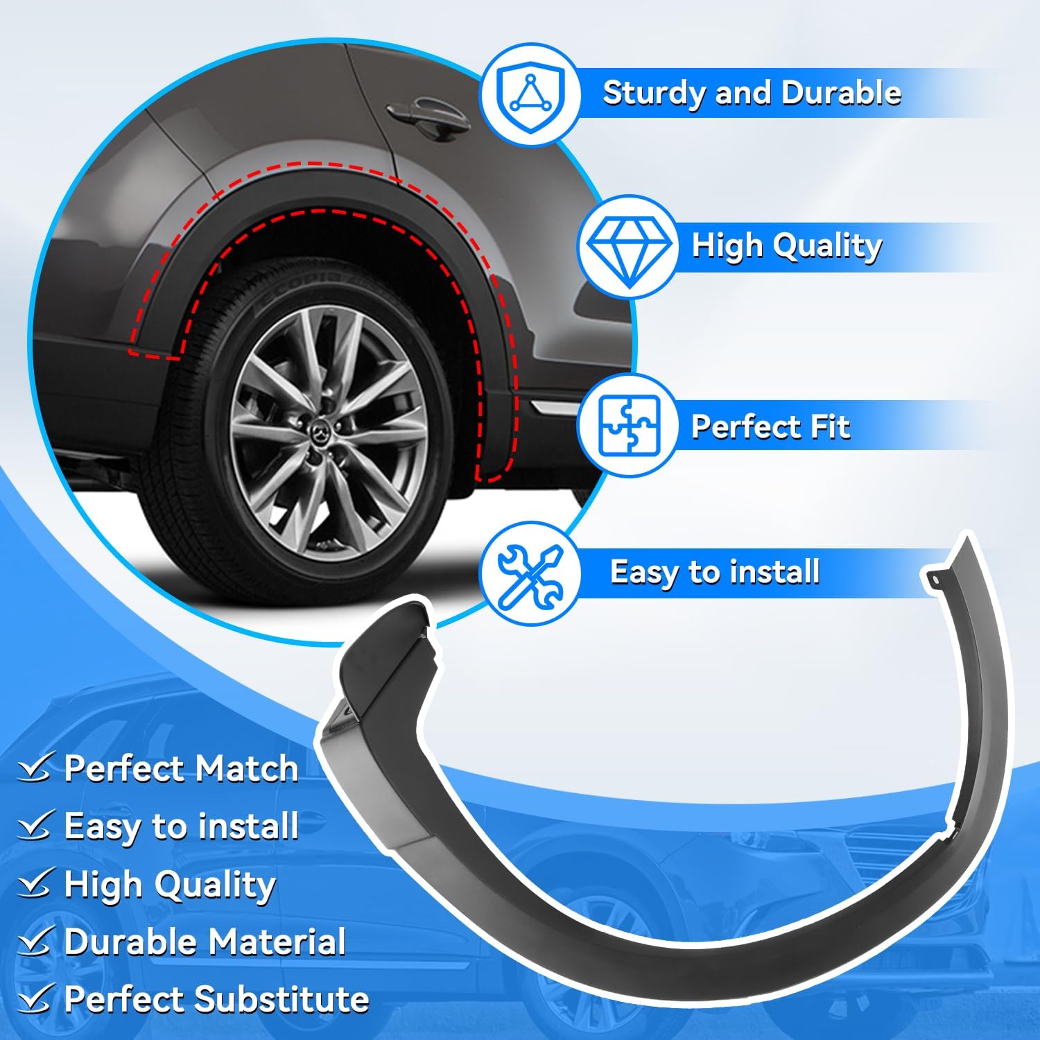 Rear Left Driver Side Fender Flares Wheel Opening Molding Trim Compatible with Mazda CX-9 2016-2023#OEM TK48-51-W60H, TK4851W60H, TK48-51-W60F, TK4851W60F Rear Right Wheel Arch Molding