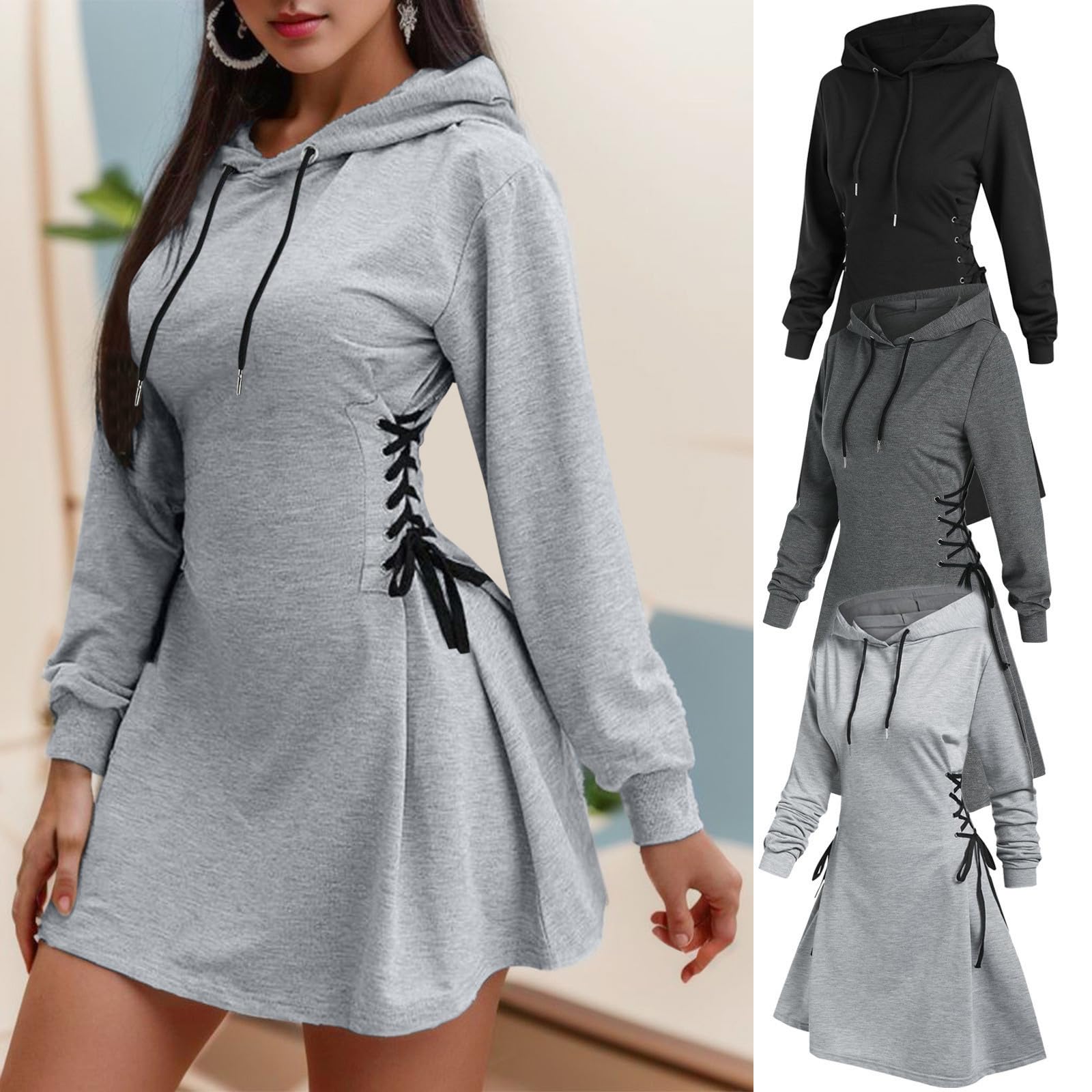 Hoodie Kleid Damen Figurbetonte Dress Lang Pulloverkleid Korsettkleid mit Schnürung Sweatshirtkleid Tunika Bodycon Kleid Langarm Minikleid mit Kordelzug Winter Herbst Kleid