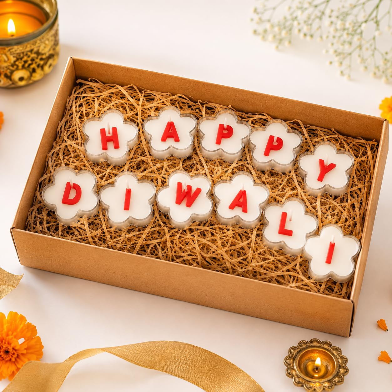 Aura Bliss Happy Diwali Stars Candle Floral Letter Tealights, Handmade Soy Wax Diwali Decor, Alphabet Gift Set, Festive Home Decoration, Aesthetic Festival Lights, Return Gift (Red)-image-48