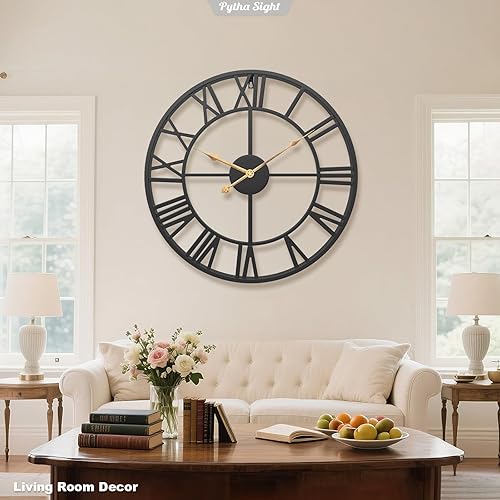 Miniatura 4 de Reloj de pared gigante extragrande de 30 pulgadas, redondo, silencioso, vintage, industrial, de metal negro, con números romanos, para sala de