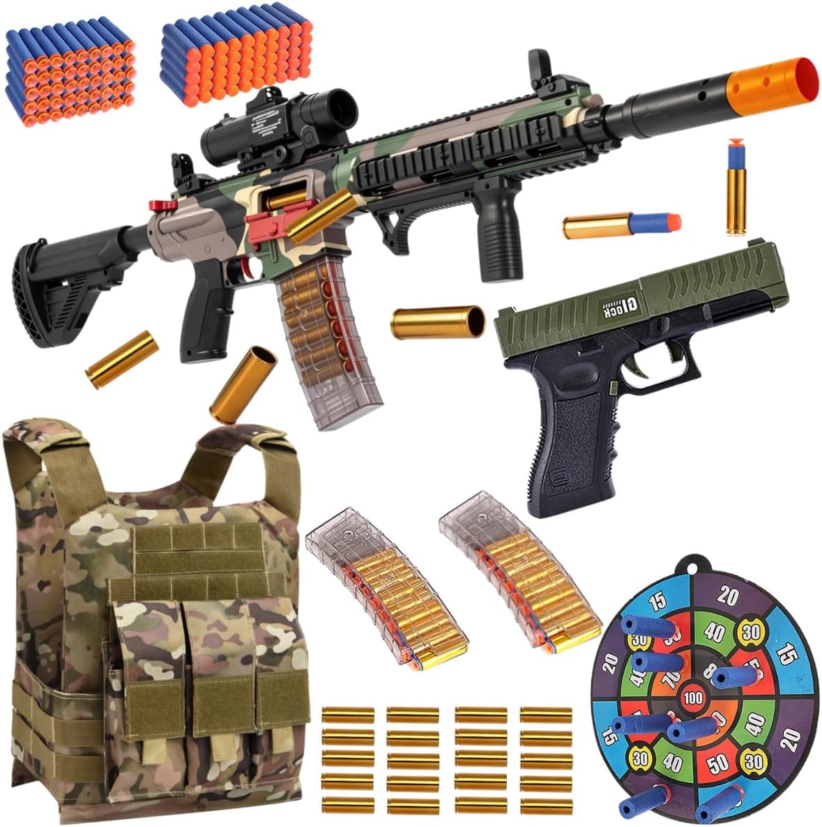 Electric Soft Bullet Toy Gun for Boys, Auto-Manual Shell Ejecting Toy Foam Blasters & Guns with 100 Soft Darts, Tactical Vest Kit,Shooting Games Educational Toys for 6-14+