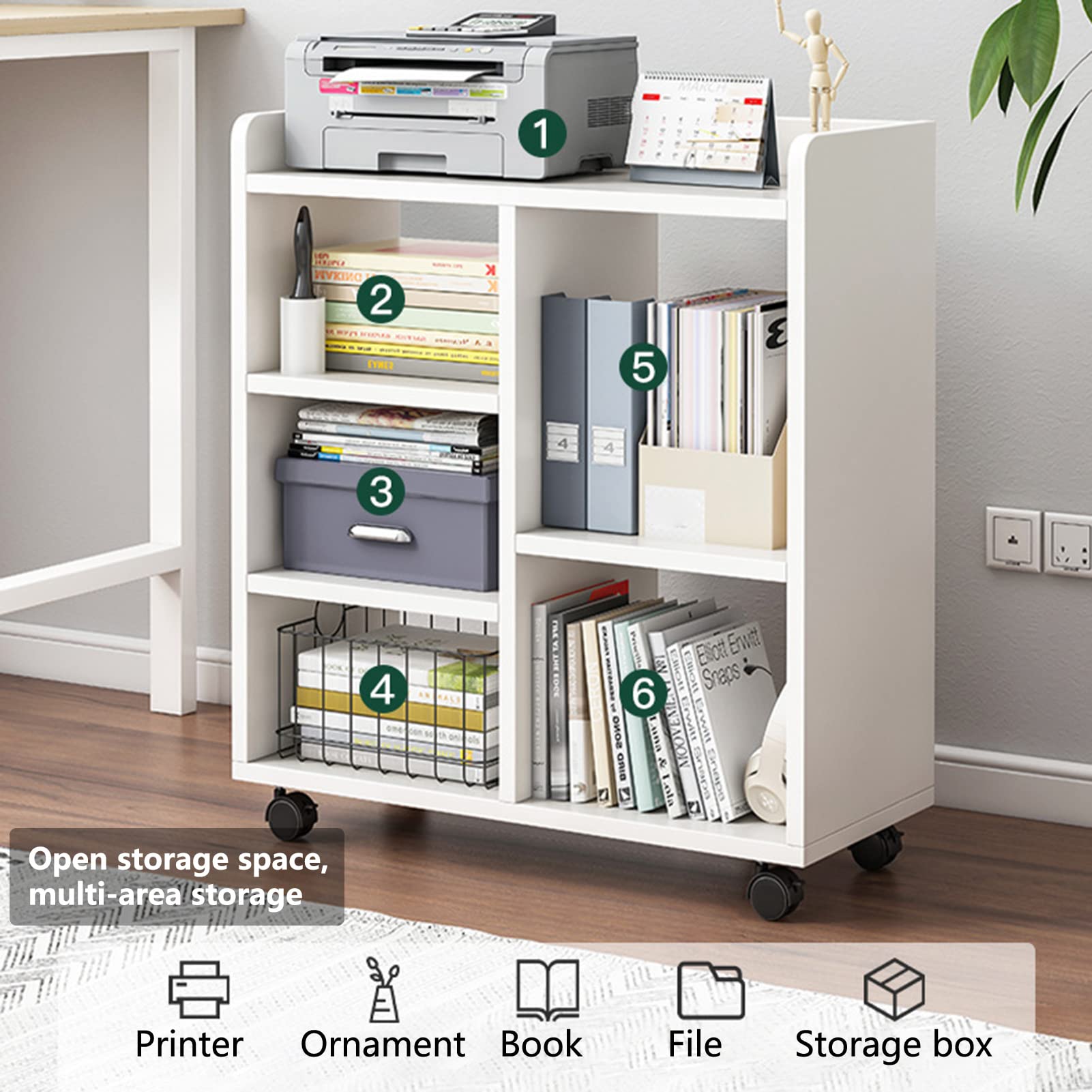 Archivador móvil giratorio de 360 grados con diseño elevado, múltiples compartimentos, archivador vertical abierto, almacenamiento de escritorio y pequeña estantería para estudio en casa y oficina.