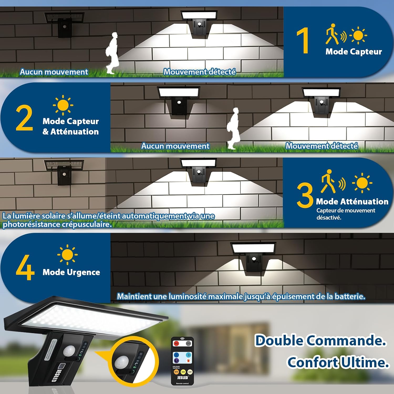 JESLED 90 LED Lumiere Solaire avec Détecteur de Mouvement, 4 Modes Étanche Lampe de Sécurité, 3 Couleurs Télécommande Lampe Mural pour Jardin Cour — vue 4