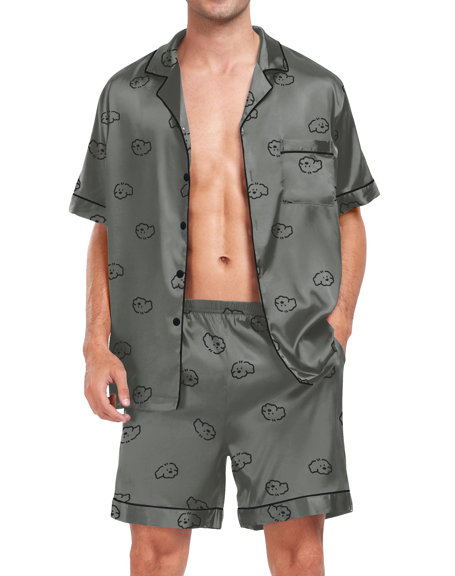 SWOMOG Men Satin Silk Pajamas Sets Short Sleeve Sleepwear Button-Down PJs Sets Two-Pieces Loungewear with Pockets