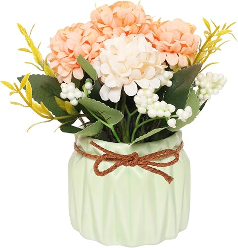 Avxdbr Artificial Hydrangea with Vase Mini Fake Flower Balls Flowers Decoration Fake Plant in Vase for Table Home Office Desktop Decorations (Orange, One Size)