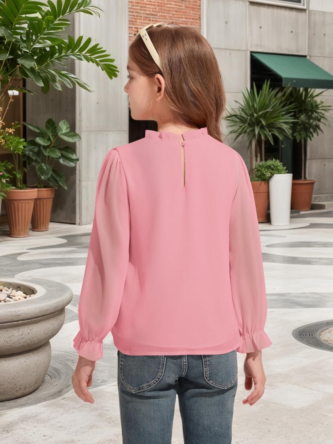 Haloumoning Girls Long Sleeve Shirts Chiffon Blouses Kids Cute Puff Sleeve Ruffle Mock Neck Casual Tops 5-14 Years - Image 5