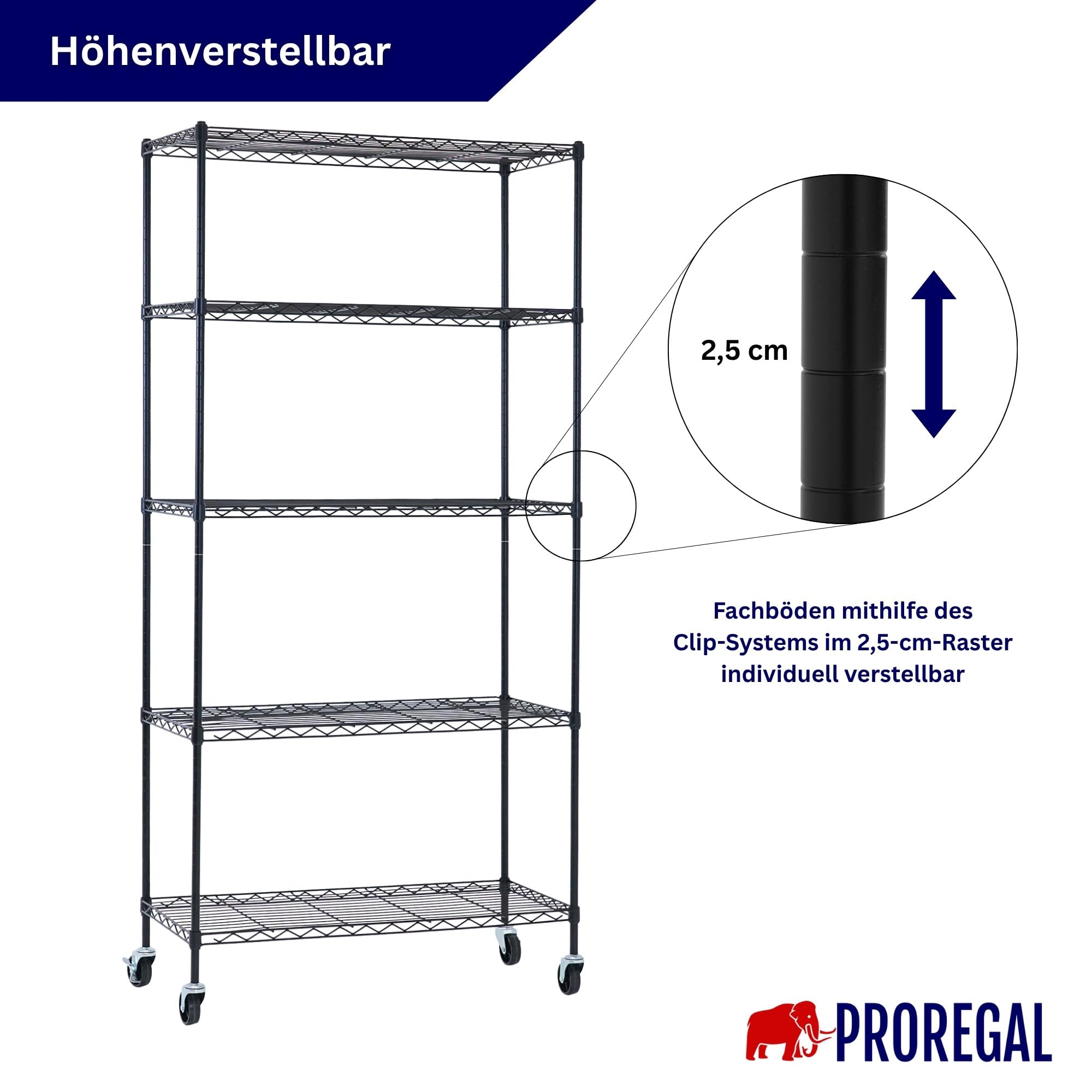 PROREGAL Mega Deal 5 scaffalature in filo metallico HADES con ruote e 5 ripiani in filo metallico HxLxP 180x90x40 cm, portata per ripiano 75 kg Scaffalatura in filo metallico nero