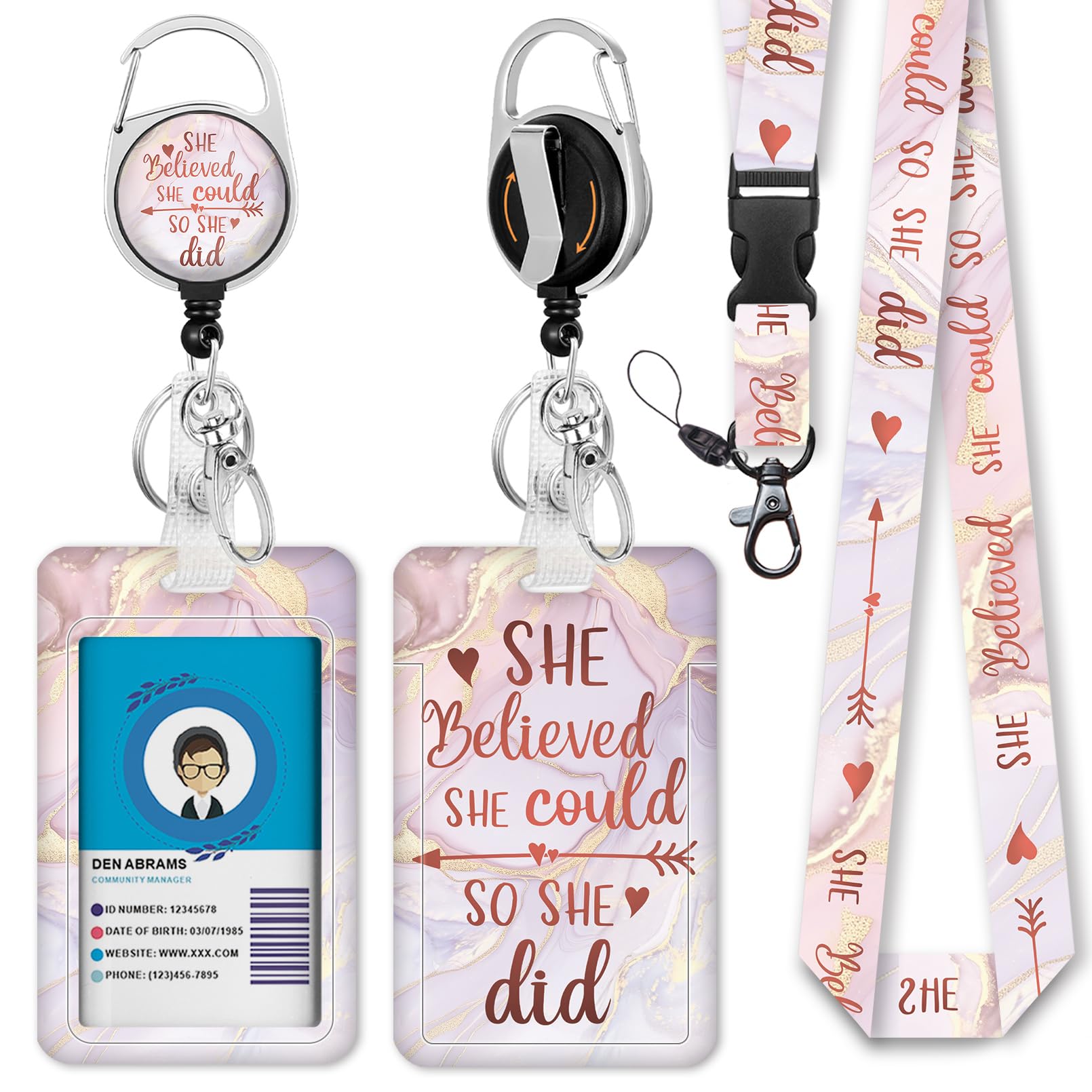 Immaturus Inspirational Quote Lanyards for Id Badges, Marble ID Badge Holder with Retractable Lanyard, ID Holder with Badge Reel Clips, Keychain Name