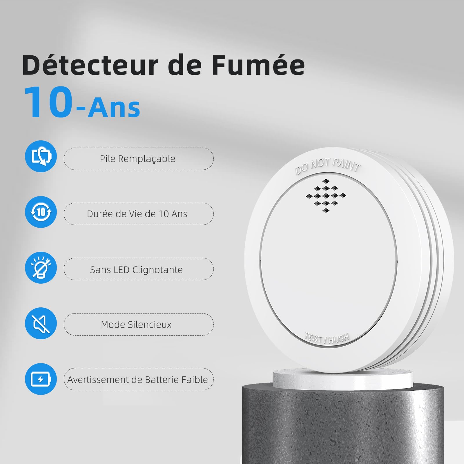 Détecteur de fumée avec Support magnétique, 10 Ans　Alarme Incendie connectée certifiée TÜVRheinland avec Batterie remplaçable, Alarme sonore de 85 DB, Fonction Silence pour la Maison - 3 pièces