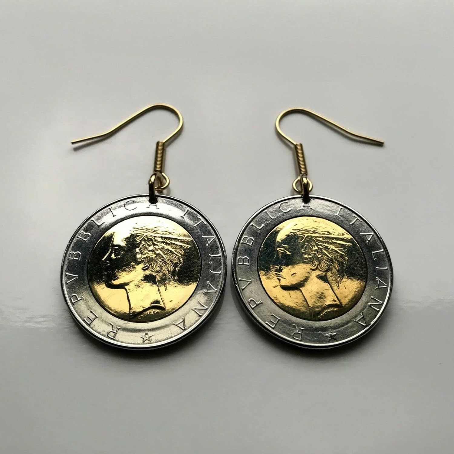 Italy 500 Lire coin dangle drop earrings Italian jewelry Mercury Rome Florence Milano Venice Amalfi Coast Torino Verona Napoli Palermo Cinque Terre Cagliari Parma Lecce Pisa Perugia Matera e000118