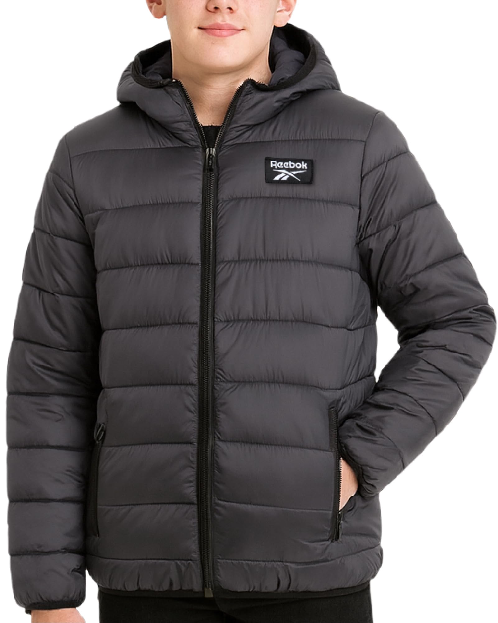 Photo 1 of Reebok Boys Winter Coat - Lightweight Insulated Puffer Jacket - Wind & Water Resistant Quilted Hooded Winter Jacket for Boys, Size 10-12, Charcoal