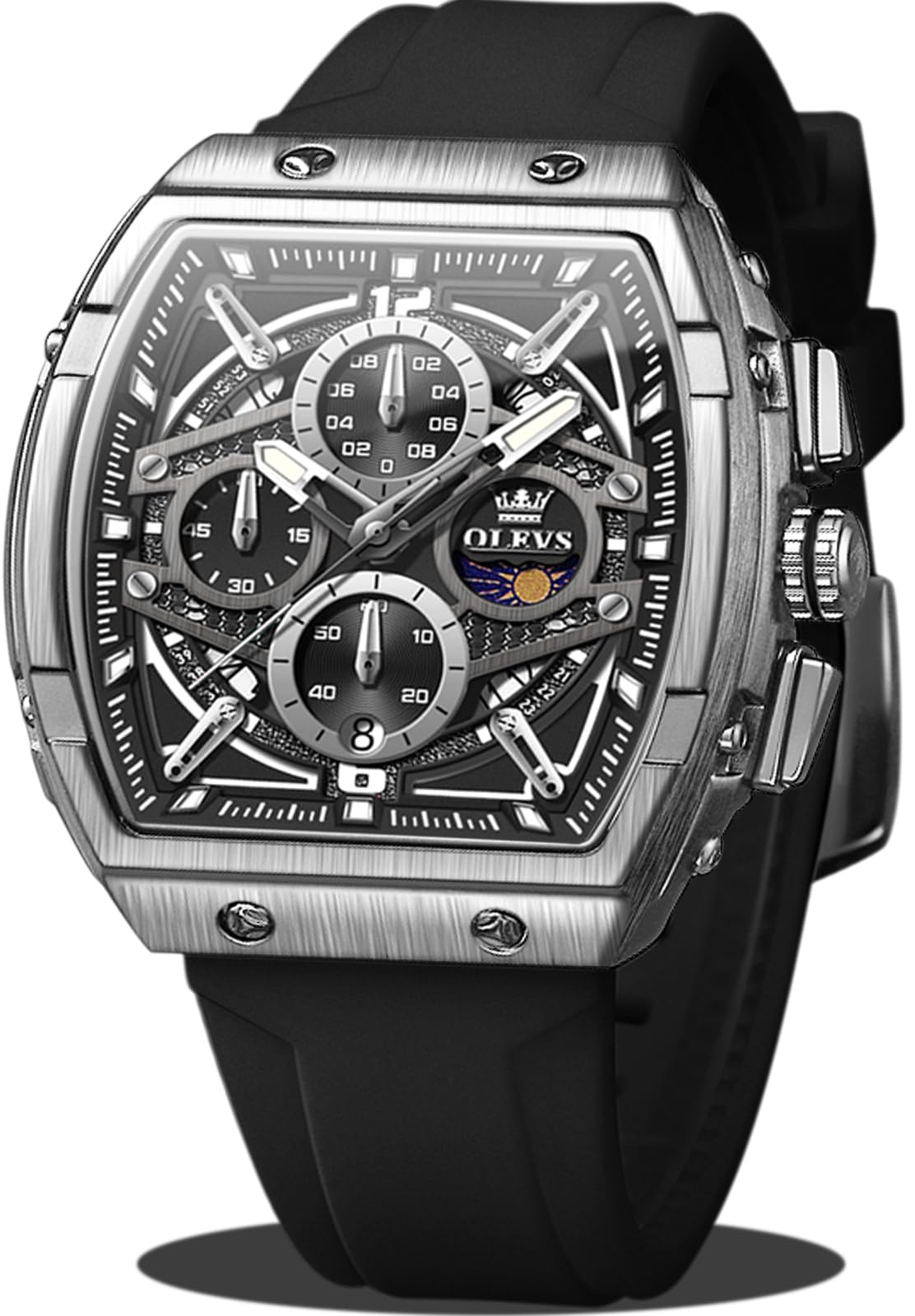 OLEVS Watch Men Casual Luxury Square Large Face Skeleton Multifunctional Chronograph Men's Watches Fashion Silicone Waterproof Mens Watches with Date Moon Phase Analog Wrist Watch Reloj para Hombre